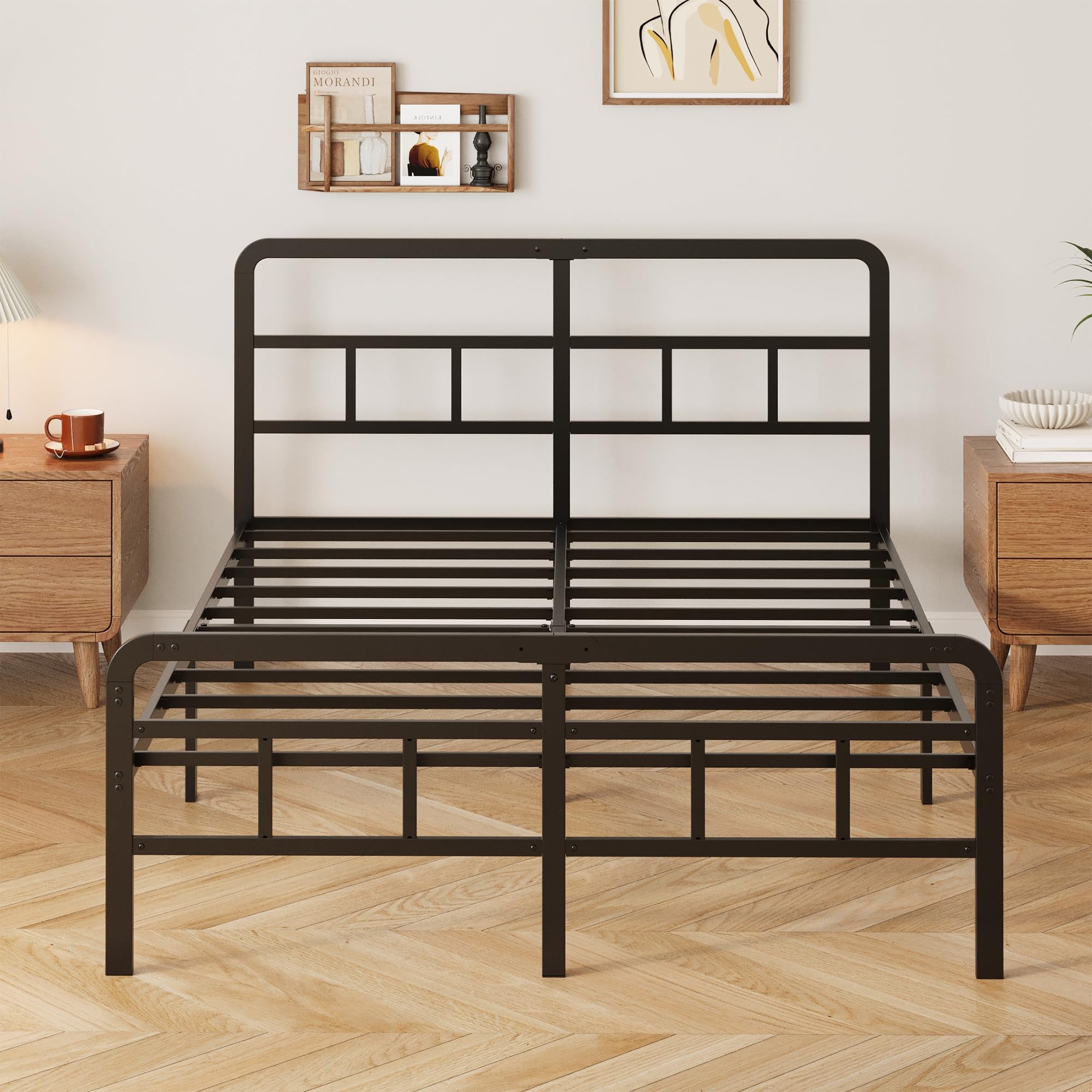 Yicensen Metallbett 140x200 cm mit Gebogenem Kopf und Fußteil, Bettgestell aus Metall für Doppelbett mit Schweren Metalllatten für Stabilen Halt, Geräuschlos, Einfach zu Montieren, 36cm Hoch, Schwarz