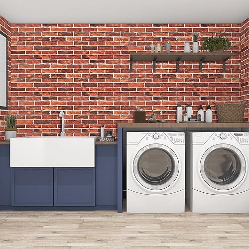 Miniatura 9 de Abyssaly Papel tapiz de ladrillo para despegar y pegar, papel de contacto de ladrillo rojo para dormitorio, 17.7 x 236 pulgadas, papel de pared de