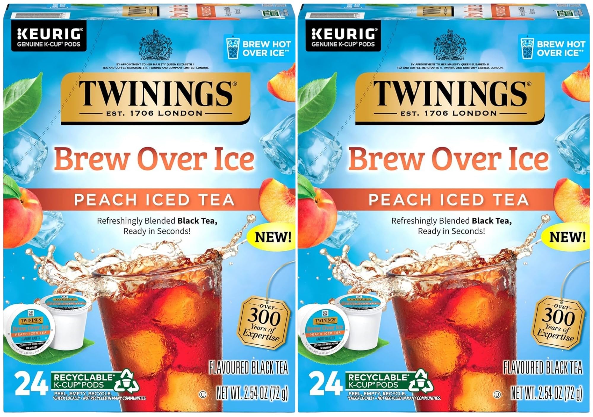 Twinings Brew Over Ice Unsweetened Peach Flavored Black Iced Tea Single Serve K-Cup Pods for Keurig, Caffeinated, 24 Count (Pack of 2)