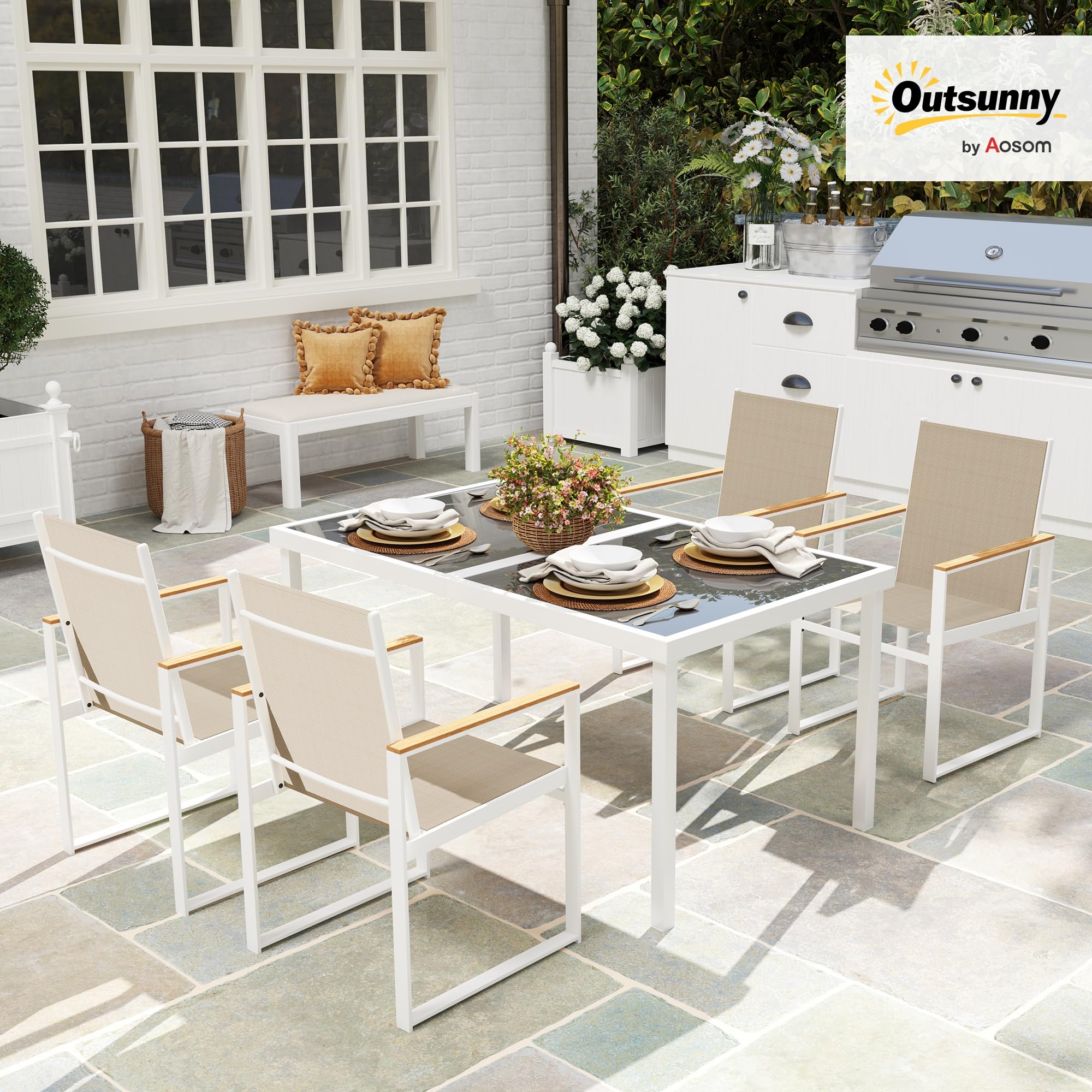 Set Giardino 9 Pezzi Outsunny - Tavolo PSPC, 4 Sedie Con Cuscini, 4 Poggiapiedi - Foto 2