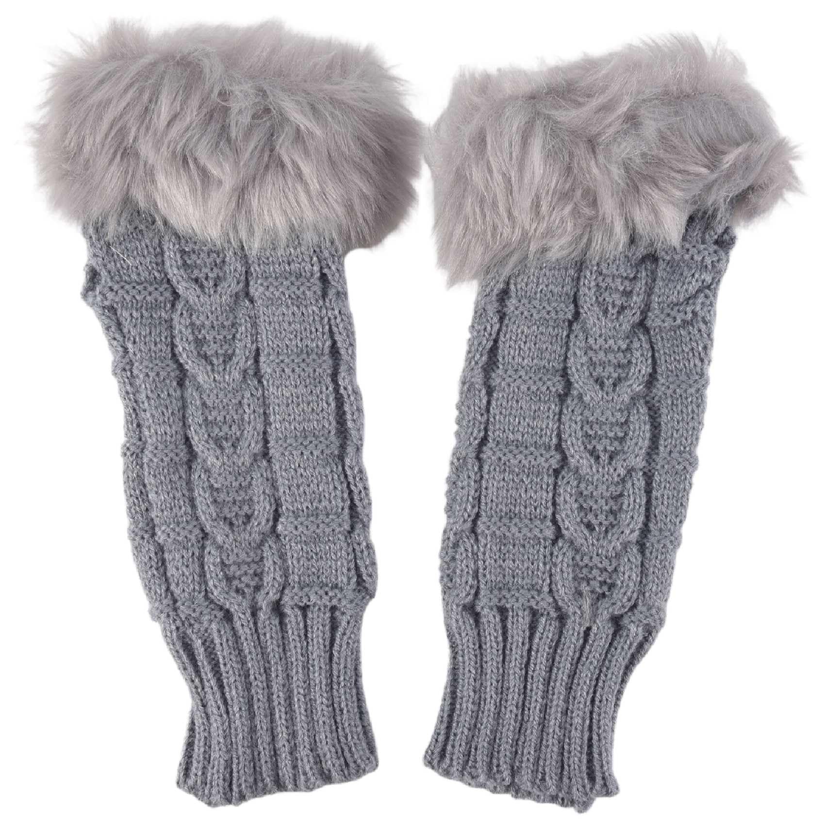 Tuesoa Women Faux Fur Hand Wrist Winter Warmer Knitted Fingerless Gloves Gift-Grey