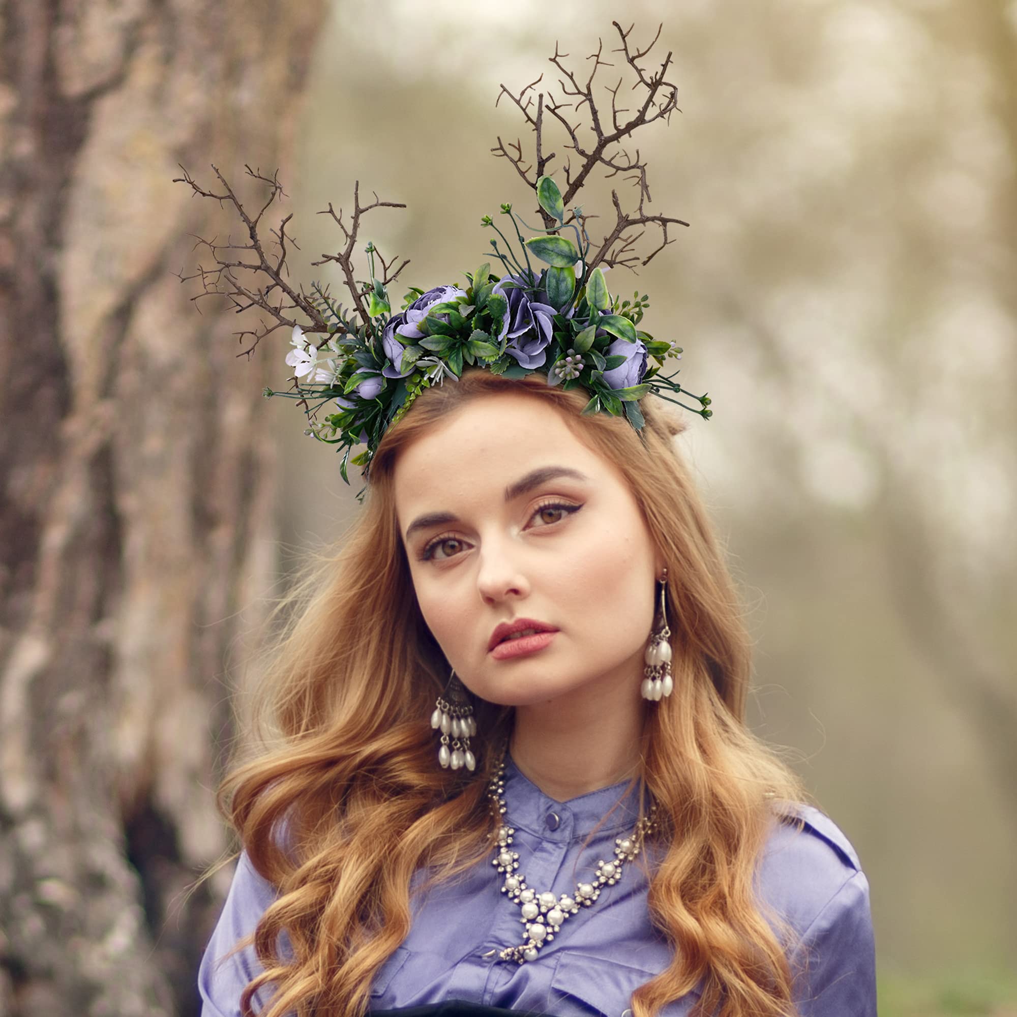MOSTORY Forest Crown Antler Headband for Women Renaissance Faire, Green-blue - Image 2