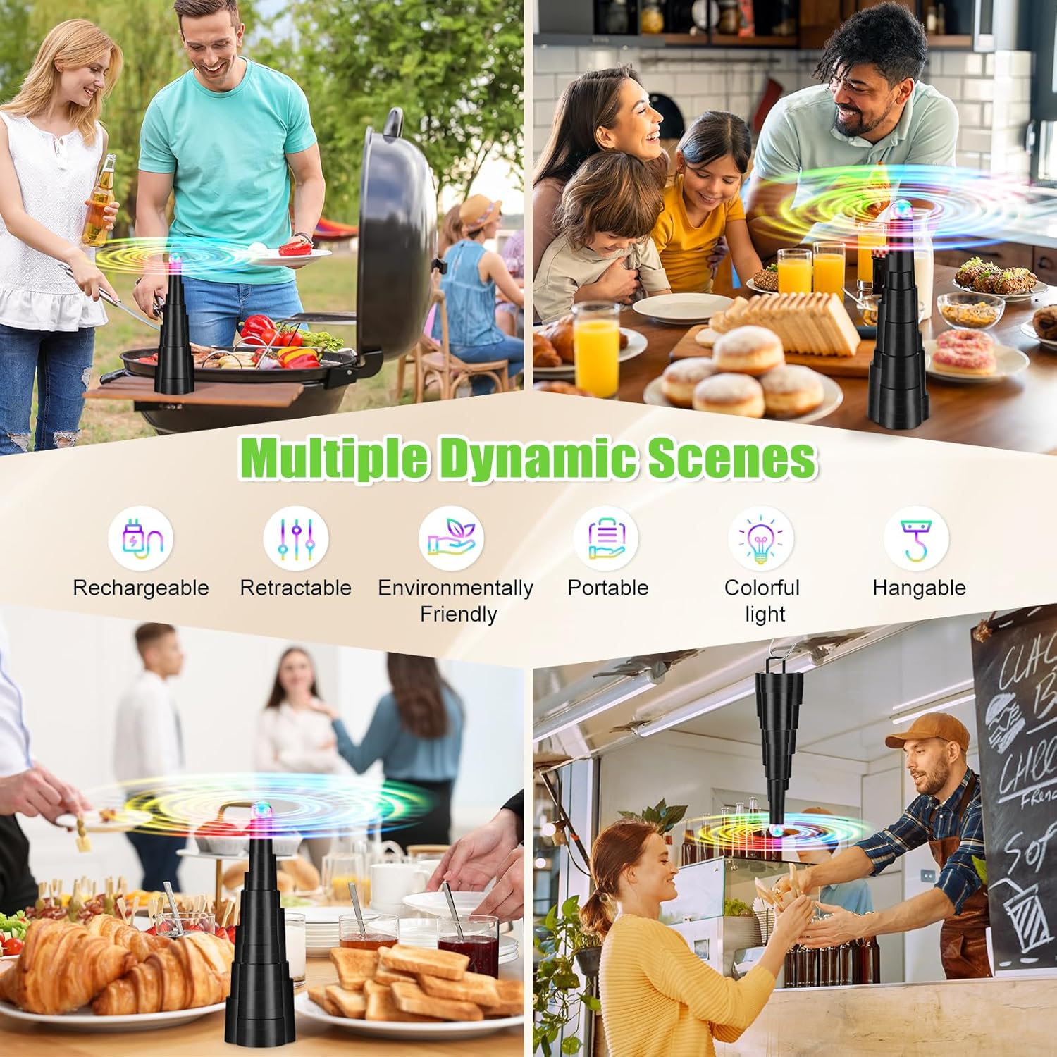 Fly Fans for Tables, Rechargeable Fly Fan for Outdoor Table, Food Fan Table Top with Colorful Light, Fly Spinner for Home Party Picnic, Restaurant, Camping