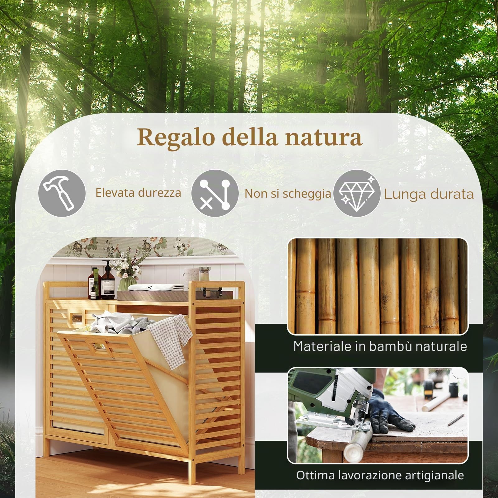 GIANTEX Cesto Portabiancheria 75L a 2 Scomparti | Sacchetti Estraibili e Telaio in Bambù, Mobile Pratico per Bagno e Lavanderia