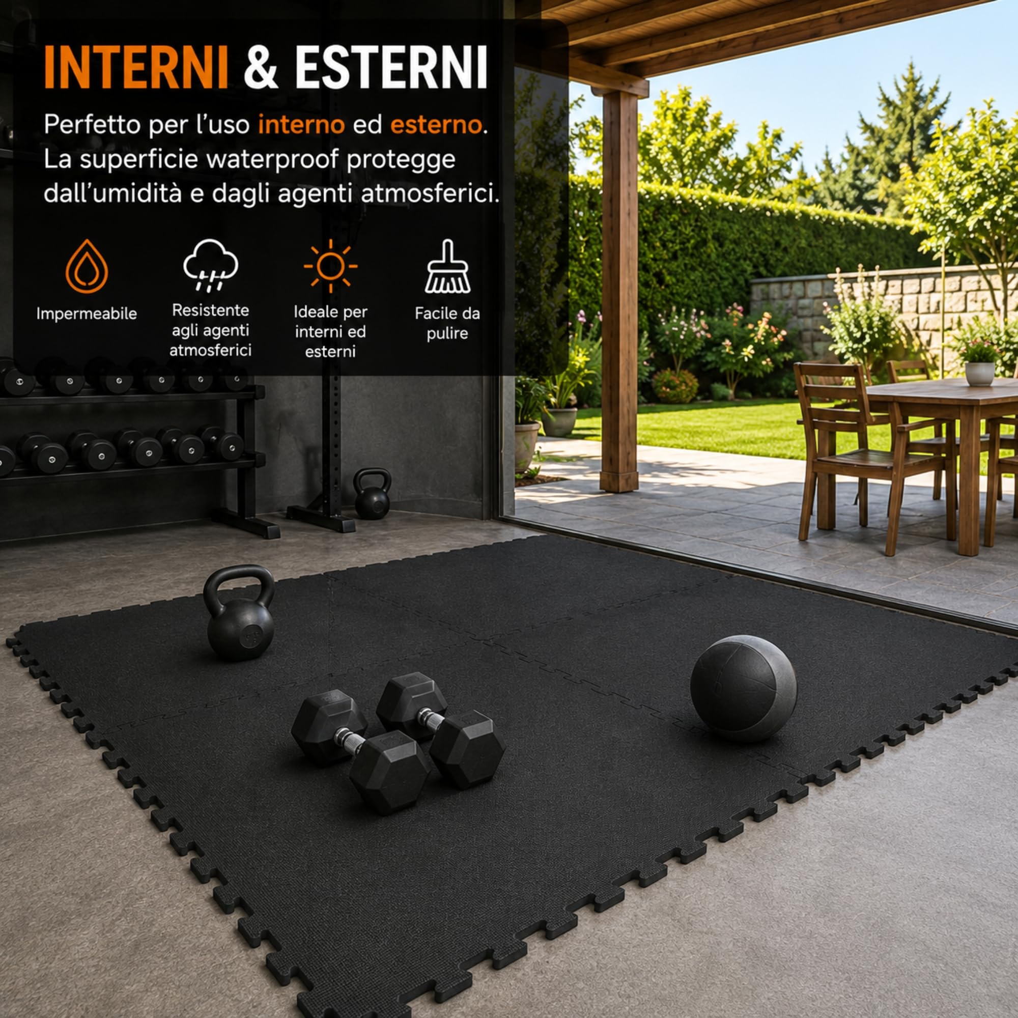 Tappeto Palestra EVA ad Incastro, 4 Pezzi 60x60x1 cm, Tappetino Fitness Puzzle Antitrauma Antiscivolo, Pavimento Protettivo per Home Gym Garage Yoga Fitness Nero