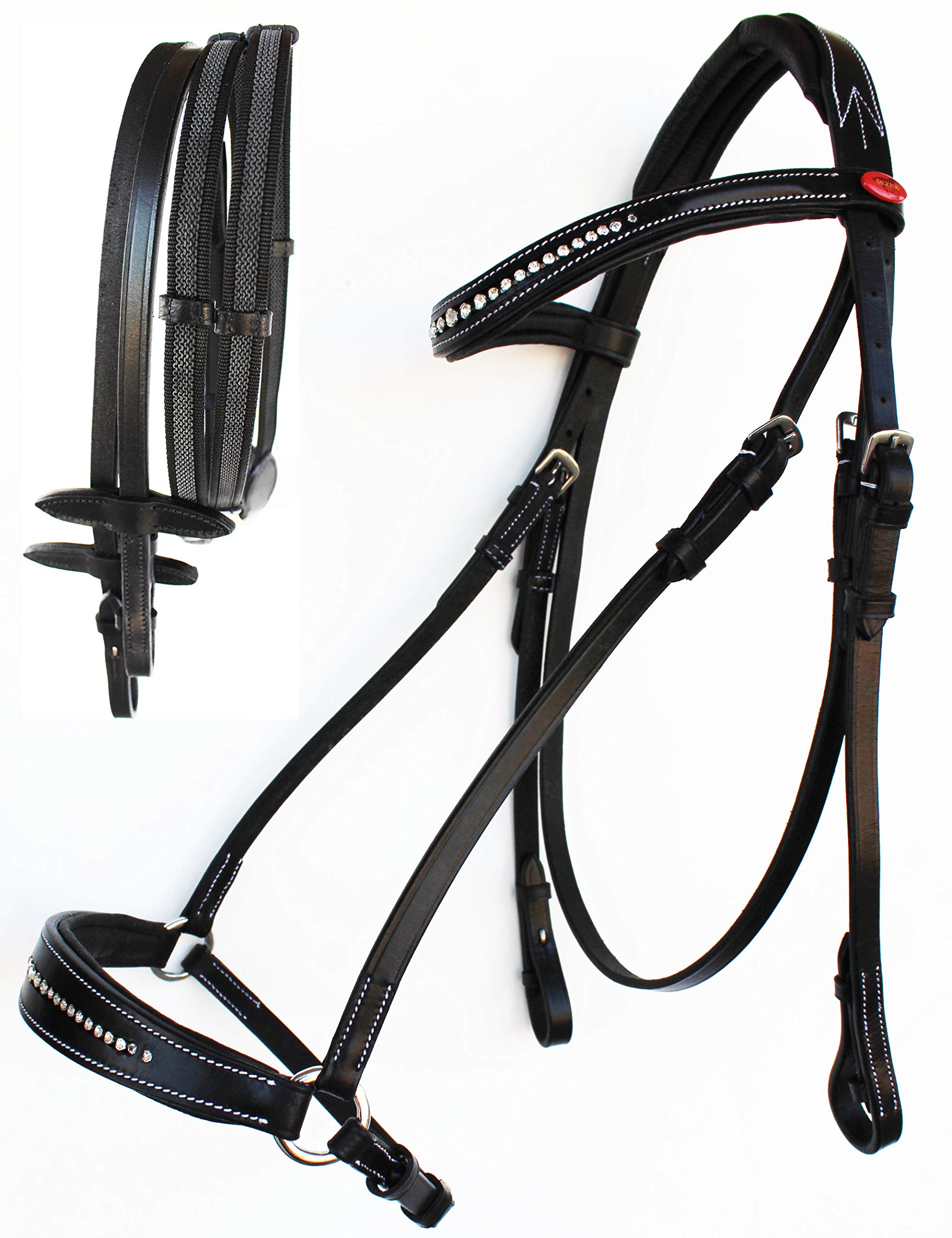 CHALLENGER English Horse COB All Purpose Padded Leather Bridle Crystals Stainless Steel Reins 803480BKC