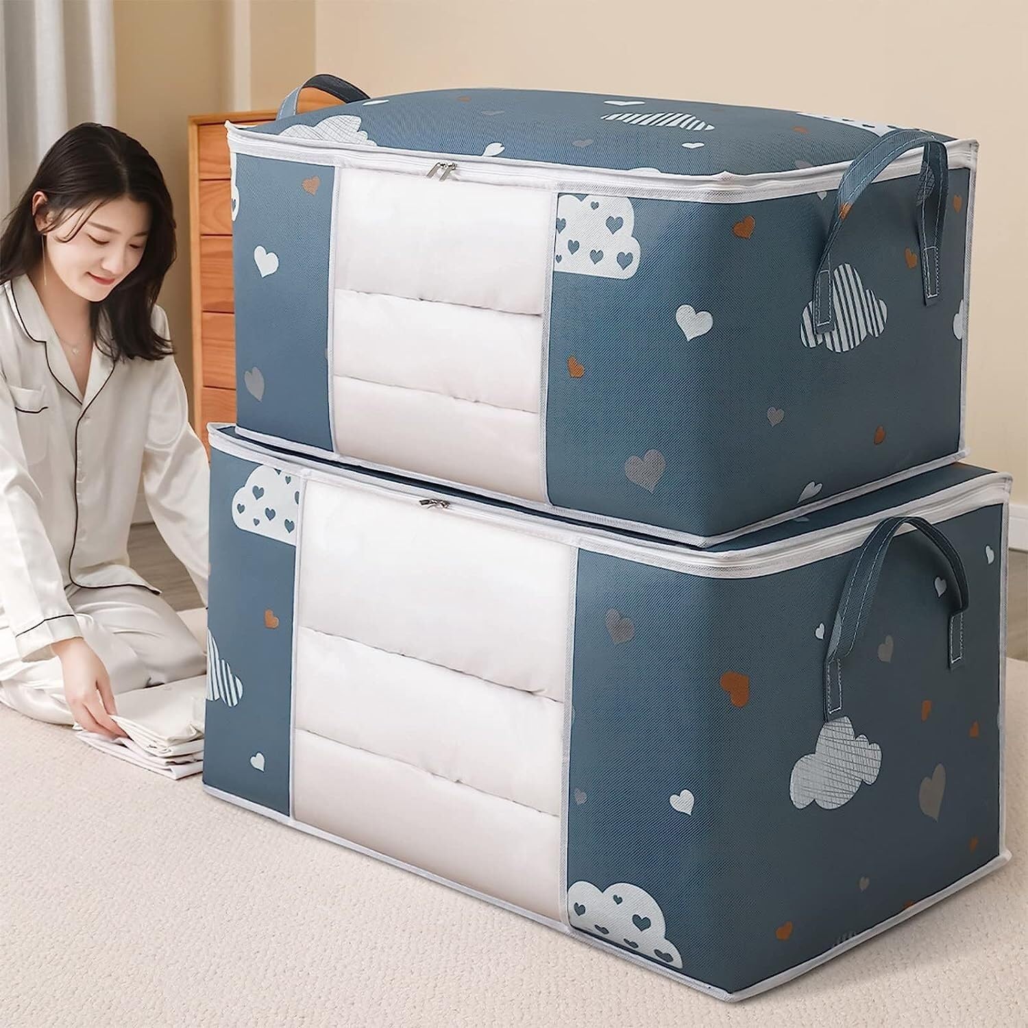 Reforzado Cajas Almacenaje Ropa Bolsa De Almacenamiento Organizadora Plegable Para Edredones Almohadas Mantas Ropa Cama Edredón Manta Apilables Organizador(B,55 * 35 * 25cm)