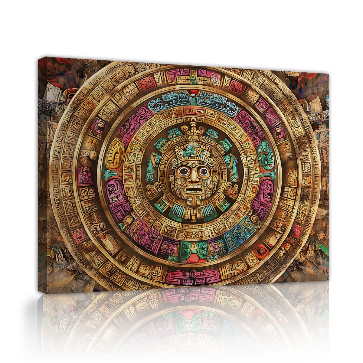TOANGWALL Ancient Mayan Canvas Wall Art Aztec Sun Stone Calendar Colorful Retro Civilization Symbol Print Historical Ethnic Framed Poster for Lounge Corridor Studio Decor 85x100cm