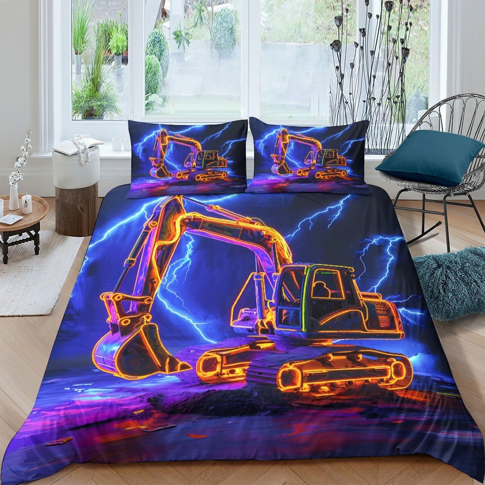 Ctjqhvkz Style-9 3D Printed Neon Excavator Fitted Sheet Microfiber Soft Orange Blue Lightning Bed Cover For Bedroom Guest Room Dorm Mattress Protection Single（135X200cm）