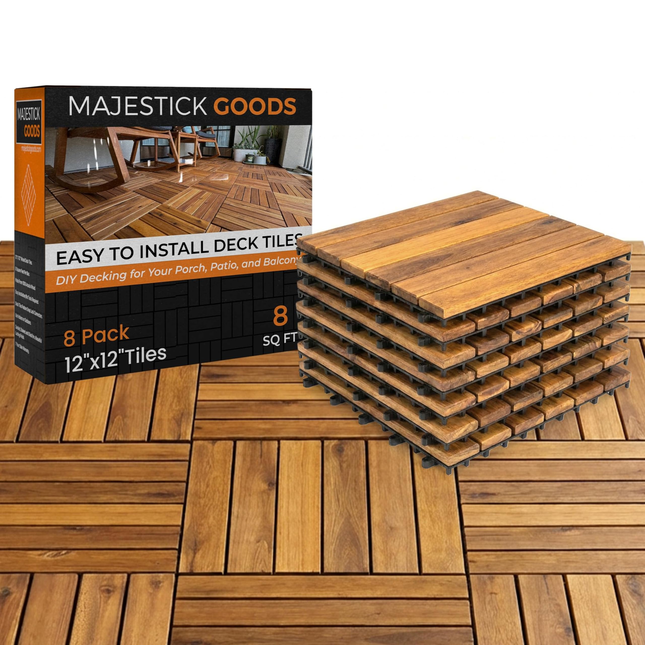 Majestick Goods Interlocking Long Slat Deck Tiles 12"x12"– Stylish Patio Tiles for Outdoor Flooring – Durable Acacia Wood, Easy to Install for Porch, Balcony & Patio Flooring, 8 Pack (8pcs) 8 Sq Ft