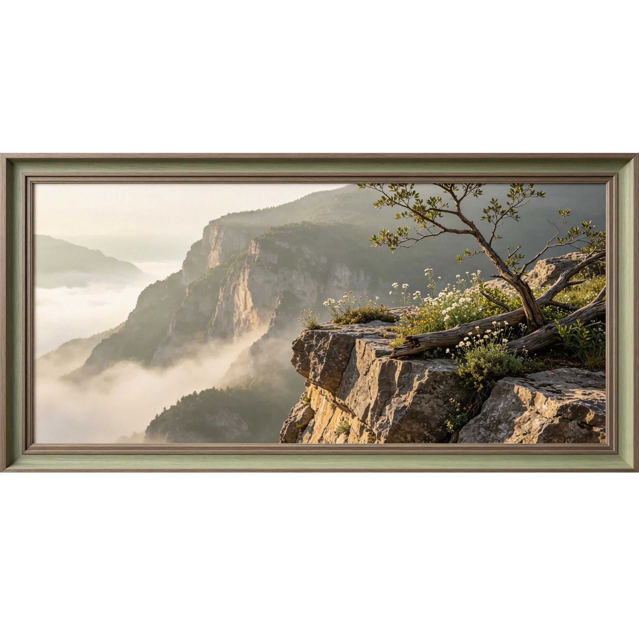 Agglomerix 3D Framed Wall Art Mountain Lake Landscape Botanical Wildflowers Cliff Mist Nature Scene Large Size SelfAdhesive Removable Wall Decor Prints Artwork for Living Room Bedroom Office