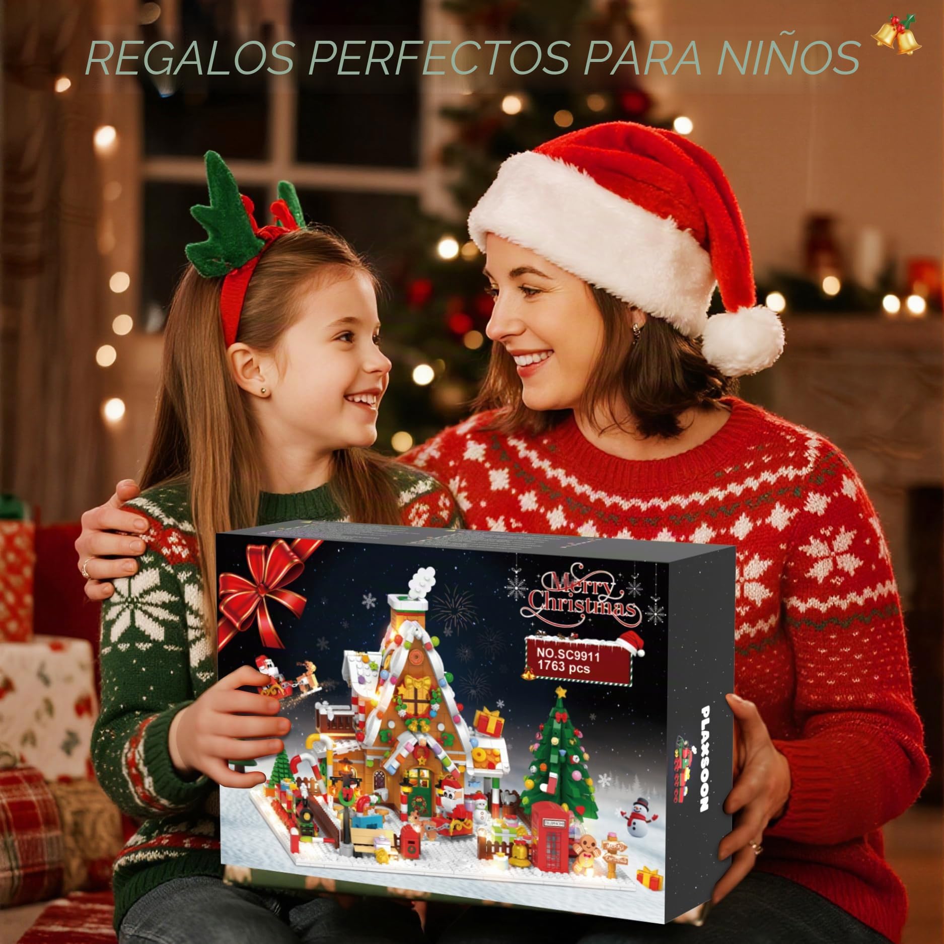Plaxsoon - Casa de pan de jengibre navideño, juguete de construcción con luces, casa de Navidad, mini bloques de apriete - juguete con Papá Noel - Tren - 1763 piezas - Regalo para adultos, niños y