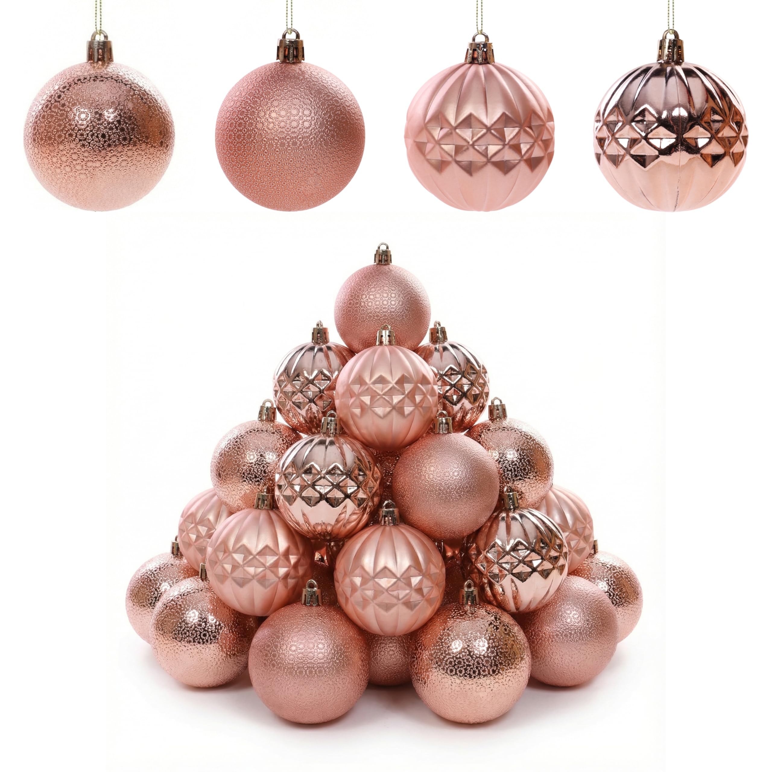 Deck The Season Rose Gold Christmas Baubles 6Cm Set Of 20 Mixed Style Pack Shatterproof Xmas Tree Decorations Bauble Set For Christmas Tree Décor Style 1