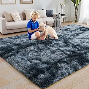 KING DARE 4x6 Rugs for Bedroom, Shaggy Plush Fuzzy Non-Slip Soft Fluffy Carpet Washable for Living Room Dorm Playroom Kids Room, Modern Home Decor Aesthetic, Blue and Grey