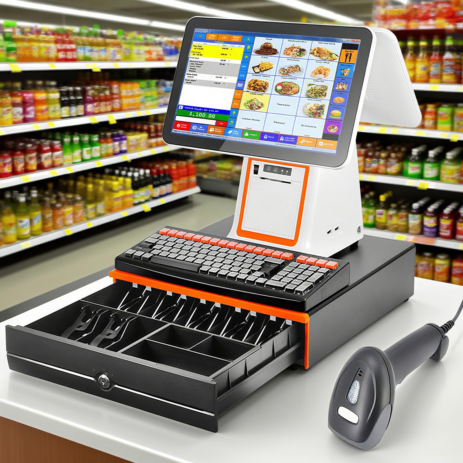 Terminal TPV Todo en uno de 15,6" con Pantalla táctil capacitiva Dual e Impresora térmica de Recibos para Cadenas minoristas y supermercados. White