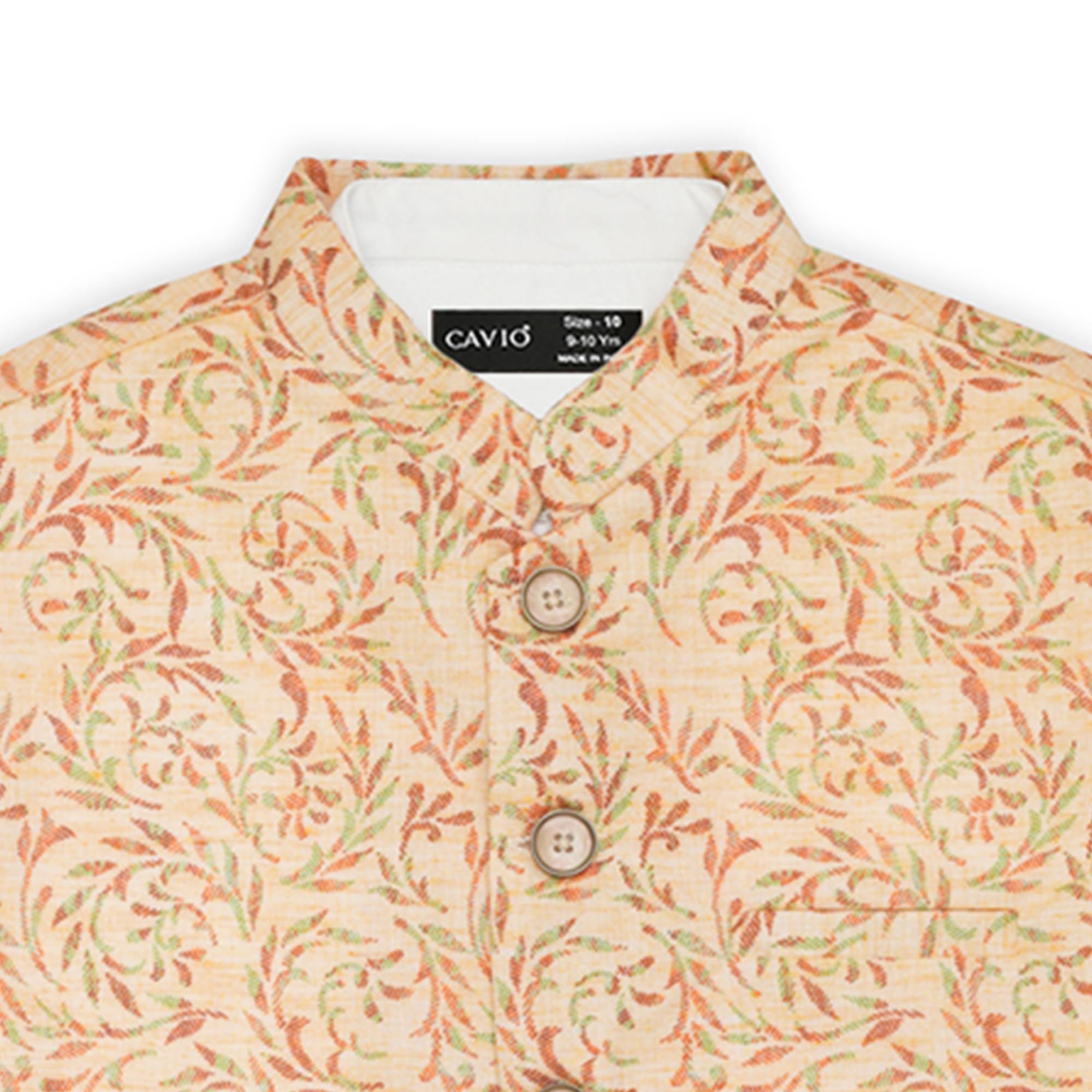 CAVIO Boys Peach Traditional Floral Print Nehru Jacket With Shirt 3