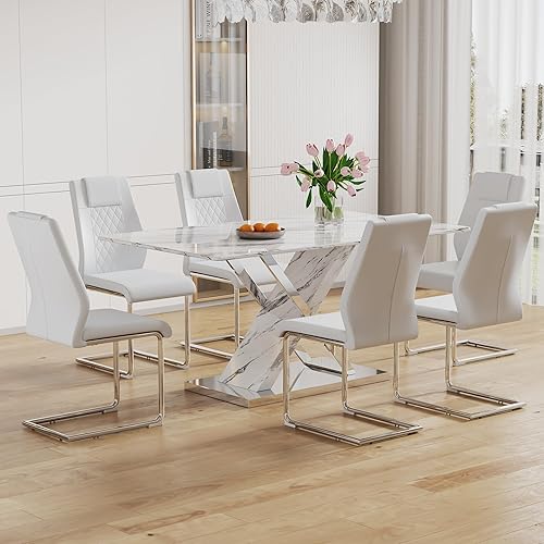 Juego de mesa de comedor de mármol para mesa rectangular blanca de 6.63 pulgadas con marco de metal plateado en forma de X y 6 sillas de comedor de