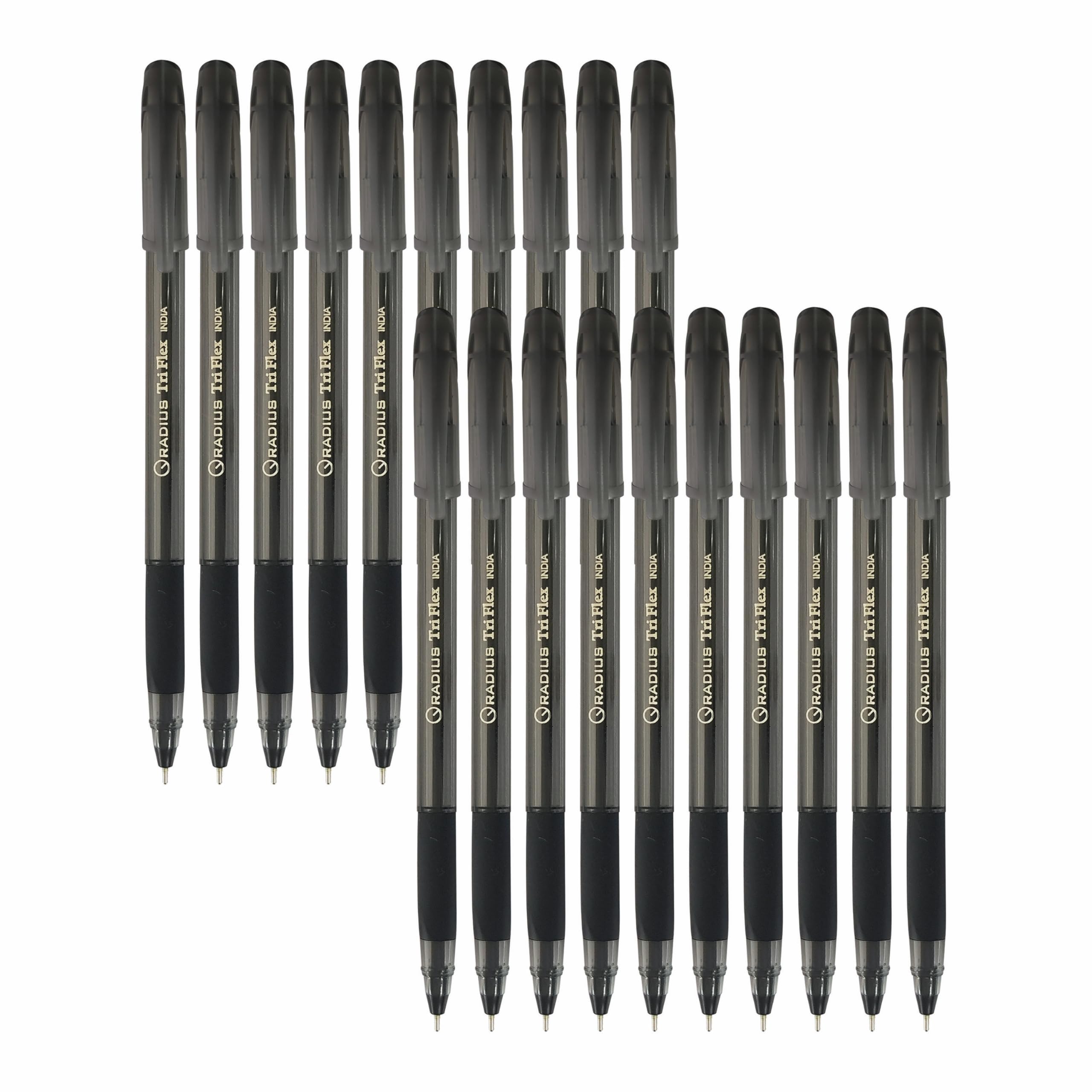 RADIUS FlexStic Ballpoint Pens, BLACK, Medium Point (1.0mm), Pack of 20, Smooth Writing Ball Pens, Trio Rubber Grip, Office School Professional Business Hospital Use
