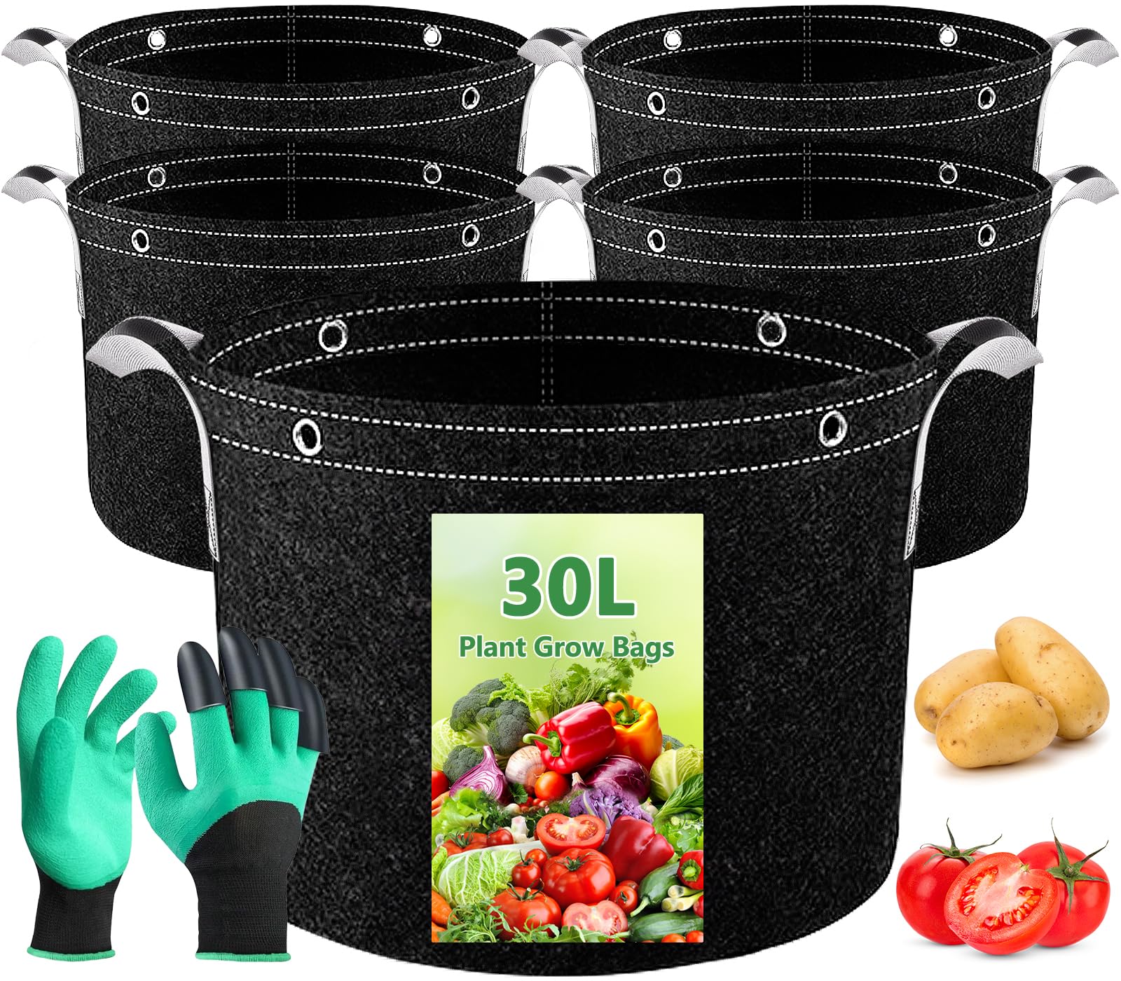 5 unidades de 30 l bolsas de plantas, macetas de tela resistentes, bolsas de crecimiento reutilizables, macetas gruesas de tela no tejida con asas y anillos multiusos, bolsa de plantación para