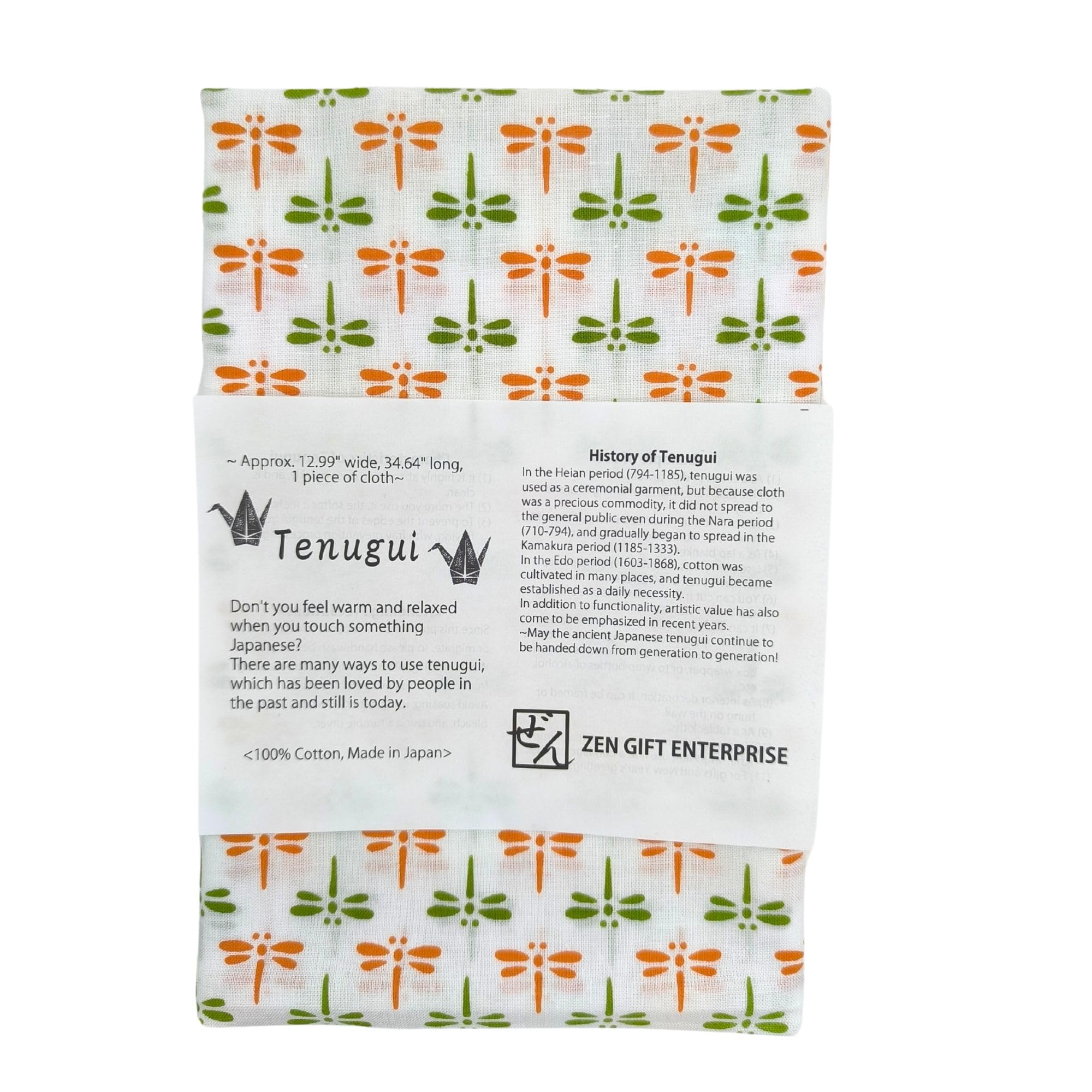Zen Gift Enterprise Dragonfly (Orange And Green On White) Tenugui Traditional Towel Made In Japan Fray Prevention 100% Cotton Eco Friendly Kitchen Towel Gift Wrapping Dragonfly Orange And Green On White 34.64" L X 12.99" W (88 × 33 Cm)