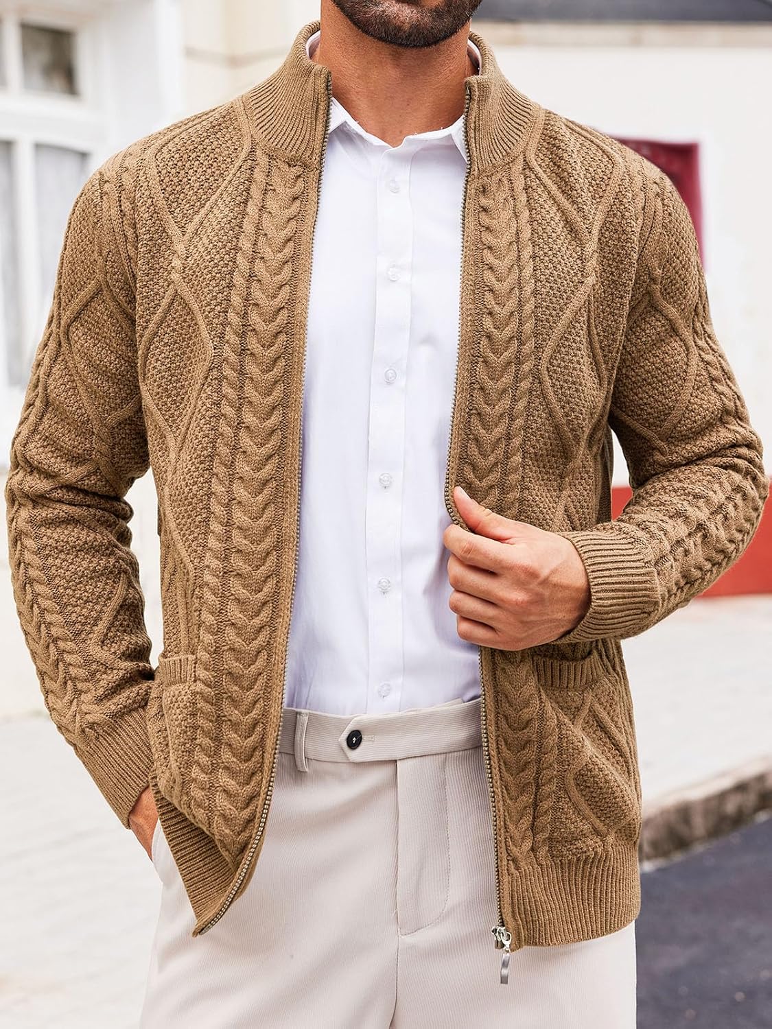 Runcati Mens Full Zip Cardigan Sweater Casual Cable Knitted Mock Neck Ribbed Winter Sweaters - Image 2