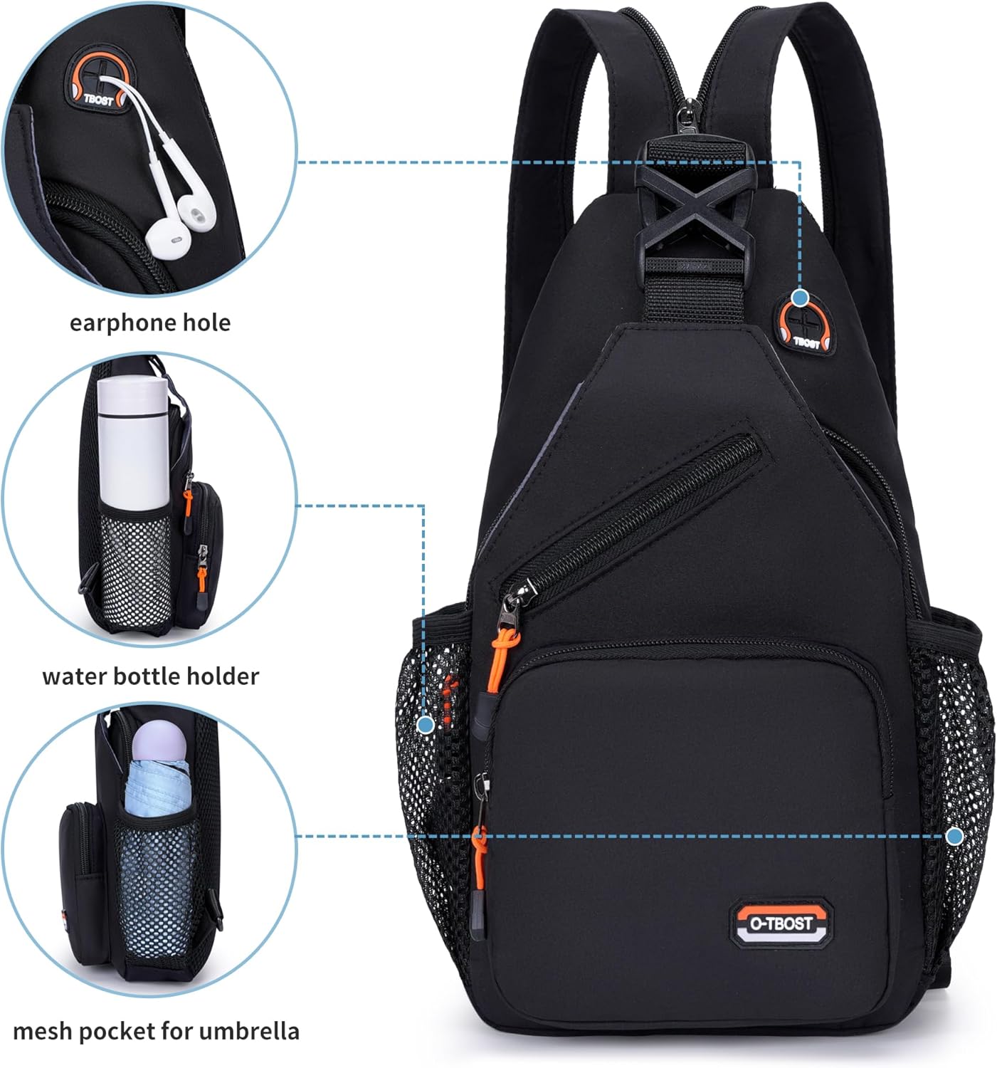 O-TBOST Travel Small Sling Bag Crossbody Bags for Women Men Casual Backpack Cross Body Pack Daypack for Hiking and Biking (black) - Image 3