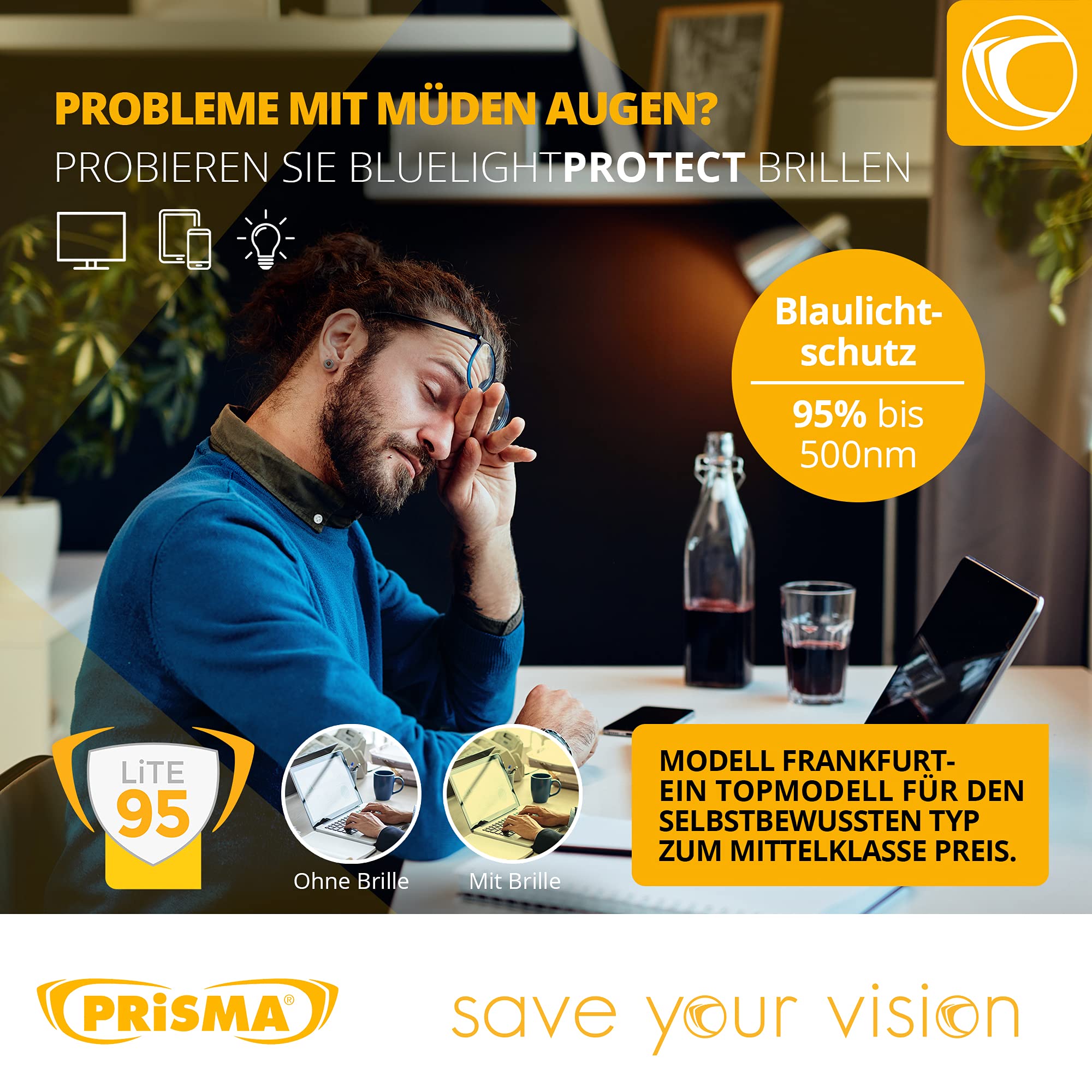 PRiSMA FRANKFURT Gafas de filtro de luz azul – en 4 variantes para trabajo, PC, TV, juegos, deportes electrónicos y automovilistas – reducir el esfuerzo ocular – dormir bien