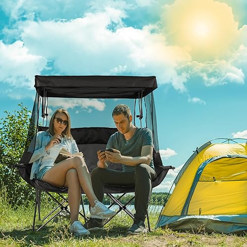 Miniatura 7 de Silla de camping doble con toldo plegable doble con toldo ajustable, silla de camping resistente con dos portavasos y bolsa de transporte para