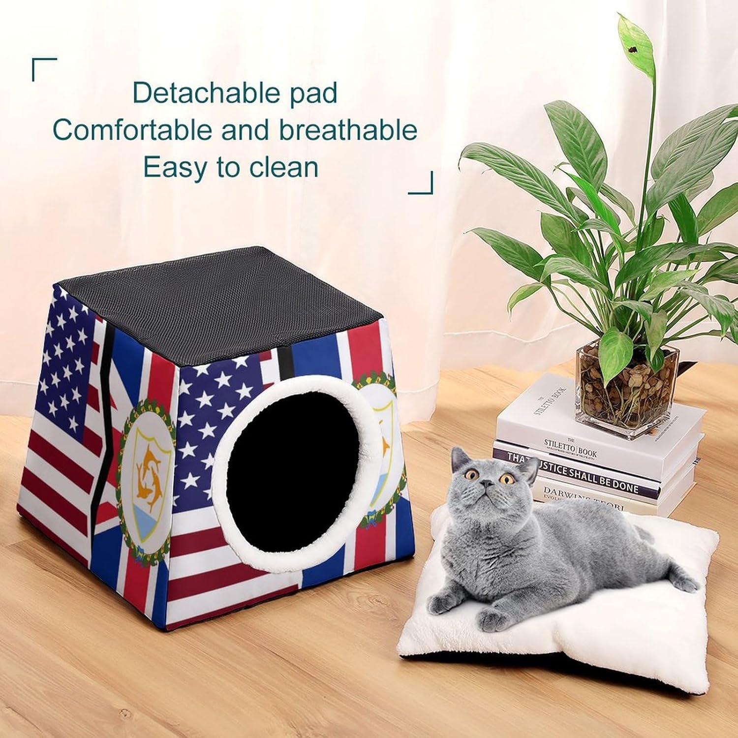 US and Anguilla Flag Cat House for Indoor with Spacious Cat Nest