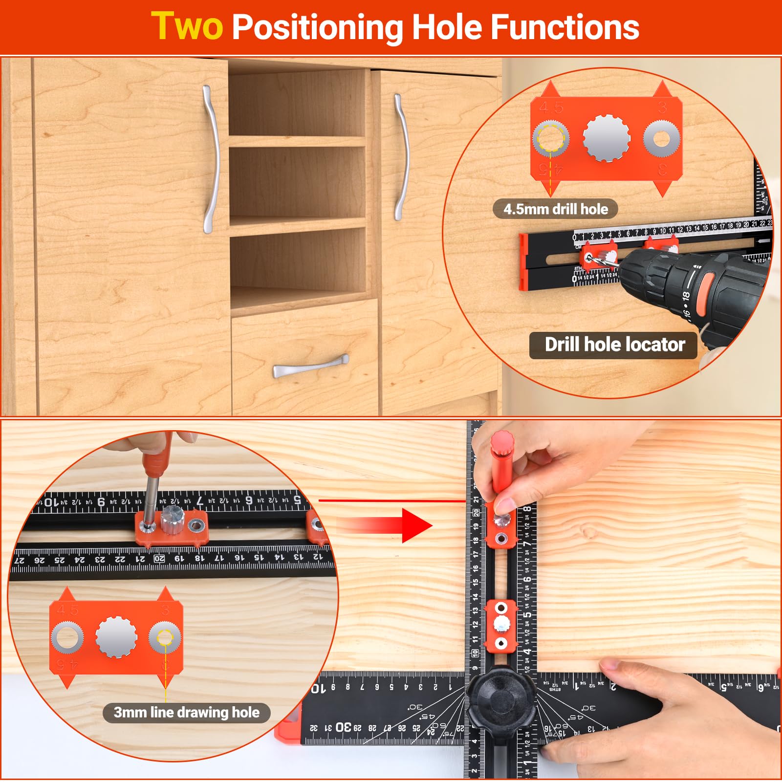Preciva 4-in-1 T-Square Ruler & Drilling Jig, Adjustable 40cm/16" Cabinet Hardware Template Tool with Angle Guide - Image 3
