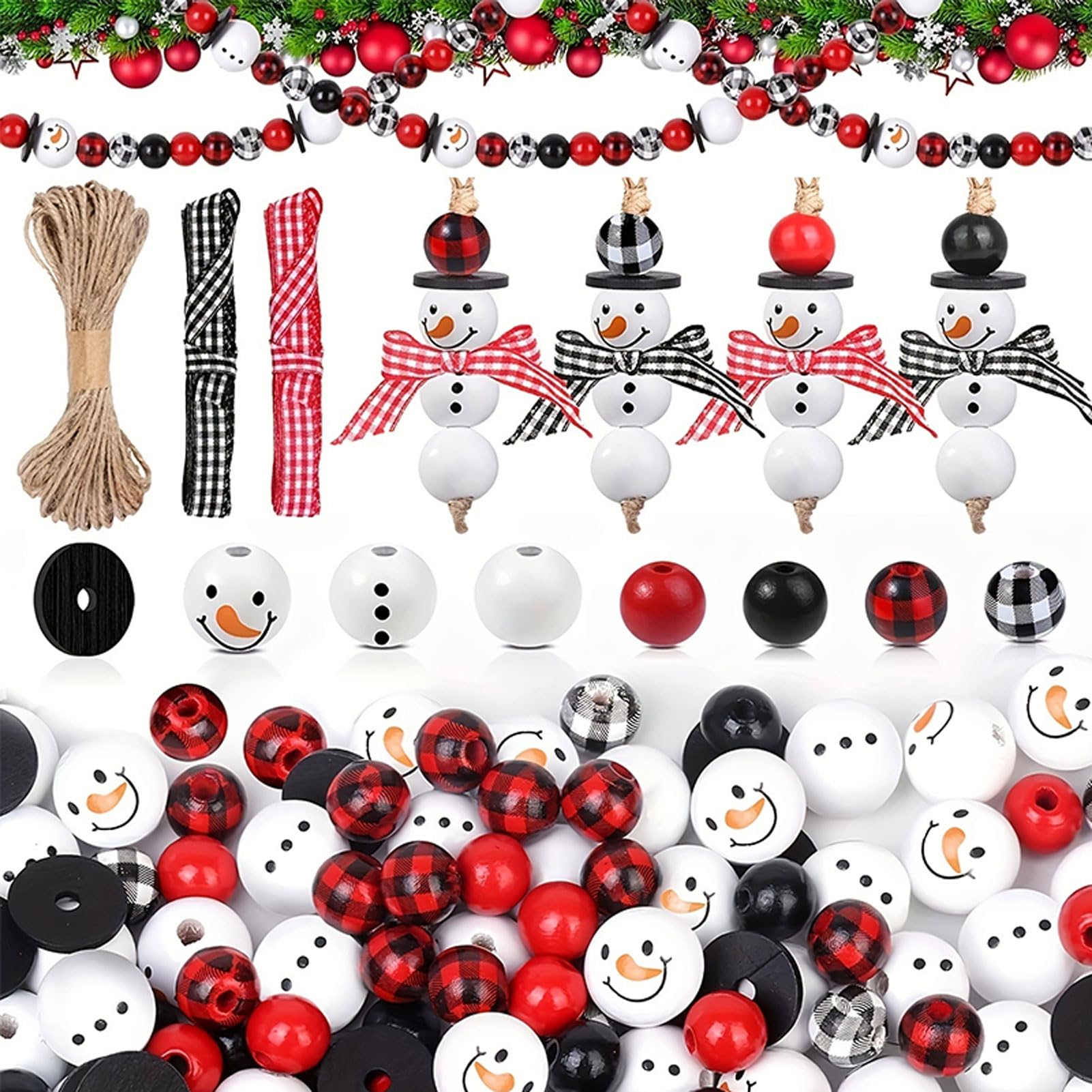 EBbels Christmas Snowman Wooden Beads Set, Handmade Winter Wooden Beads Christmas Beads with Hemp Rope, DIY Jewelry Crafts Garland Making Party Home Decoration