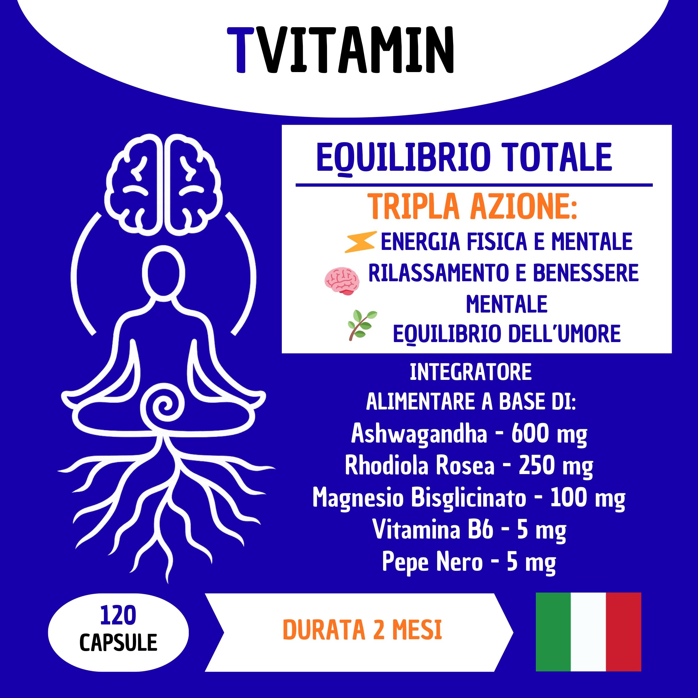 ASHWAGANDHA & RHODIOLA con Magnesio e Vitamina B6 (120 Capsule) – Tripla Azione Naturale per Vitalità, Equilibrio dell’Umore e Serenità Mentale – Made in Italy.