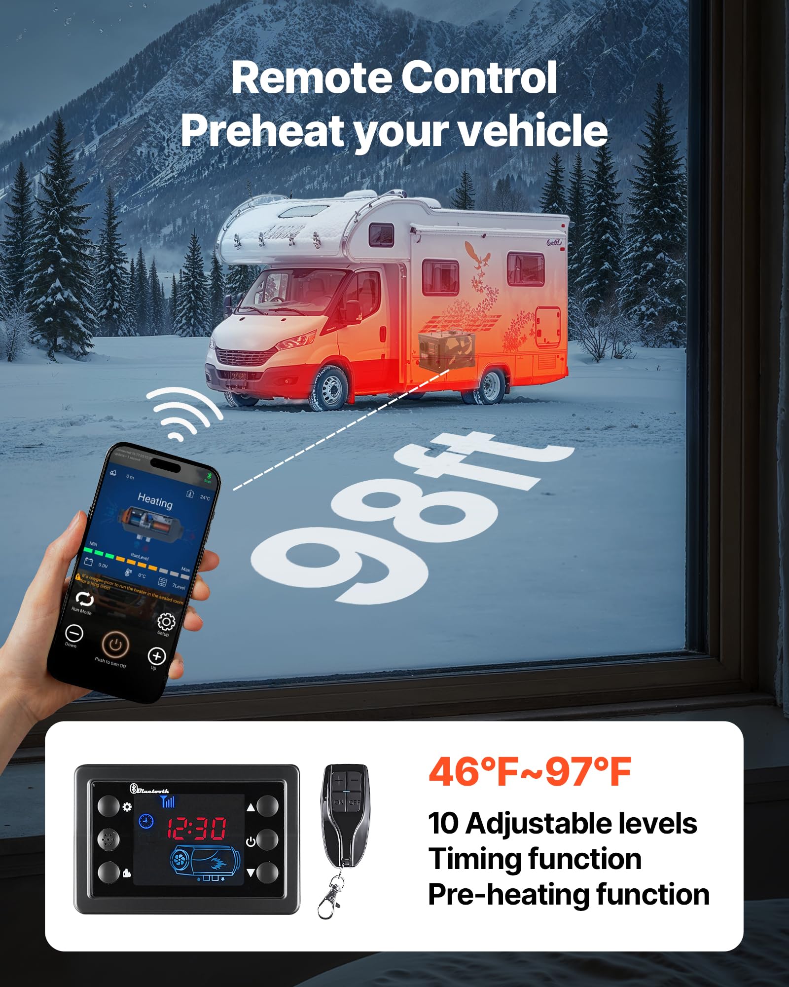 VEVOR Calentador Diésel de 8 kW, Todo en Uno, Portátil, con Control por Aplicación Bluetooth, Mando a Distancia y Pantalla LCD, para Camiones, Furgonetas, Autocaravanas, Caravanas y Garajes, 7 L
