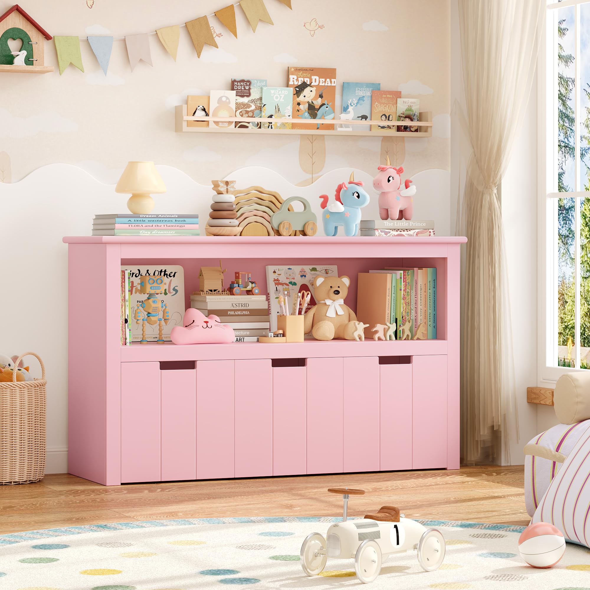 FOREHILL Kinderregal mit Boxen auf Rollen, Spielzeug Aufbewahrung Kinderzimmer Möbel, Spielzeugregal, Kinderschrank, Regal mit 3 Boxen, Truhen & Kisten für Kinder 102 x 33 x 61,5cm Rosa
