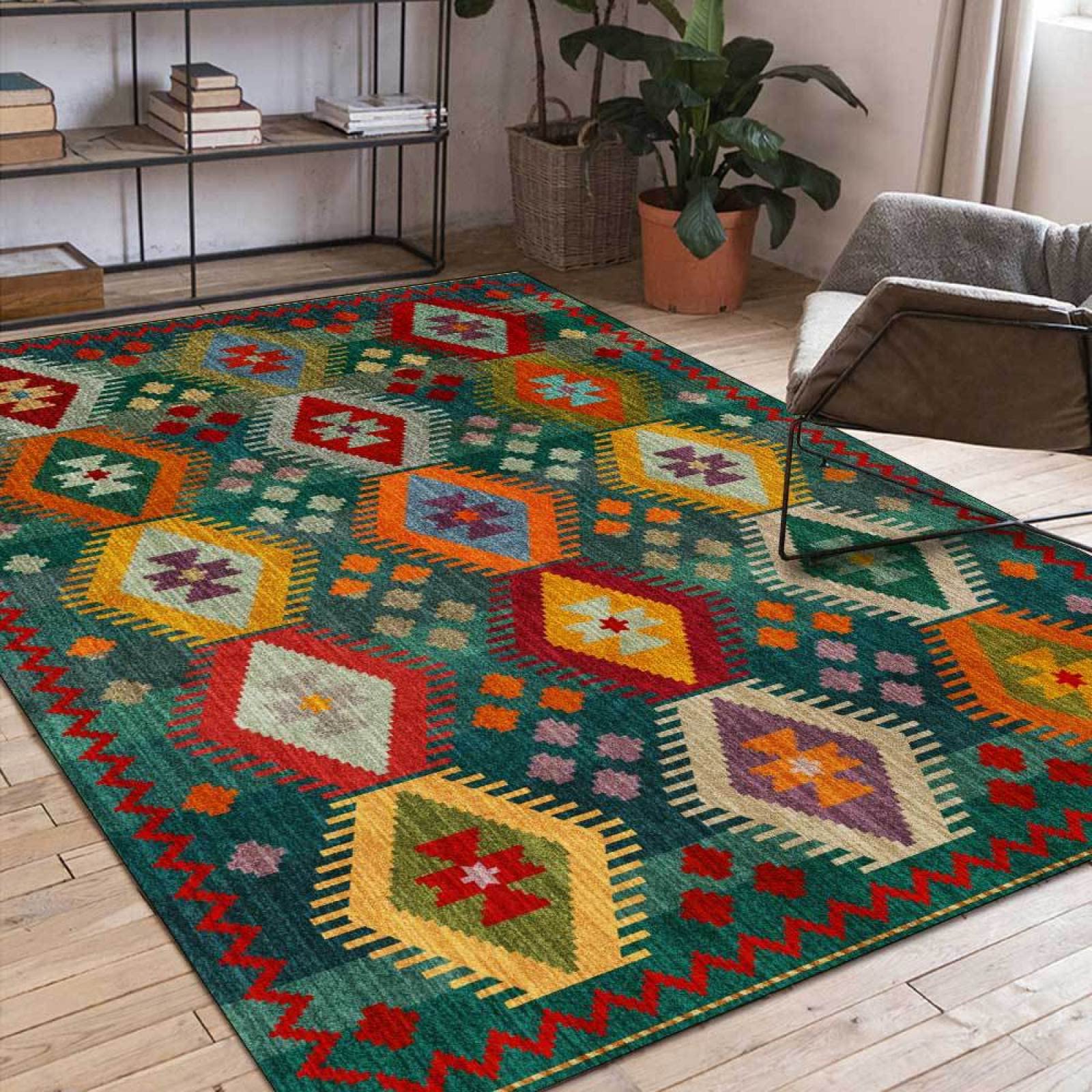 Tapis Moderne Grand Antidérapant Style Ethnique mosaïque géométrique Rouge et Vert Intérieur Et Extérieur Décoration de la Maison Grande Taille Rug Coussin 200 x 300 cm