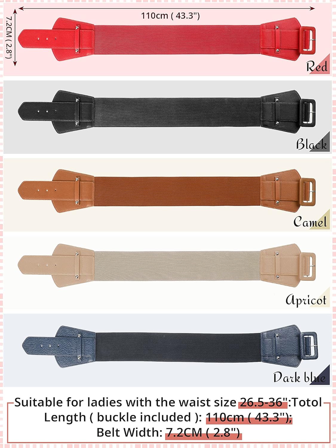 SATINIOR 5 Pieces Wide Belts for Women Dresses Wide Cinch Vintage Black Fashion Thick Stretch Leather Stretch Belts Elastic Dress Waistband Women Girls Black, Camel, Blue, Beige, Red, General Size - Image 3