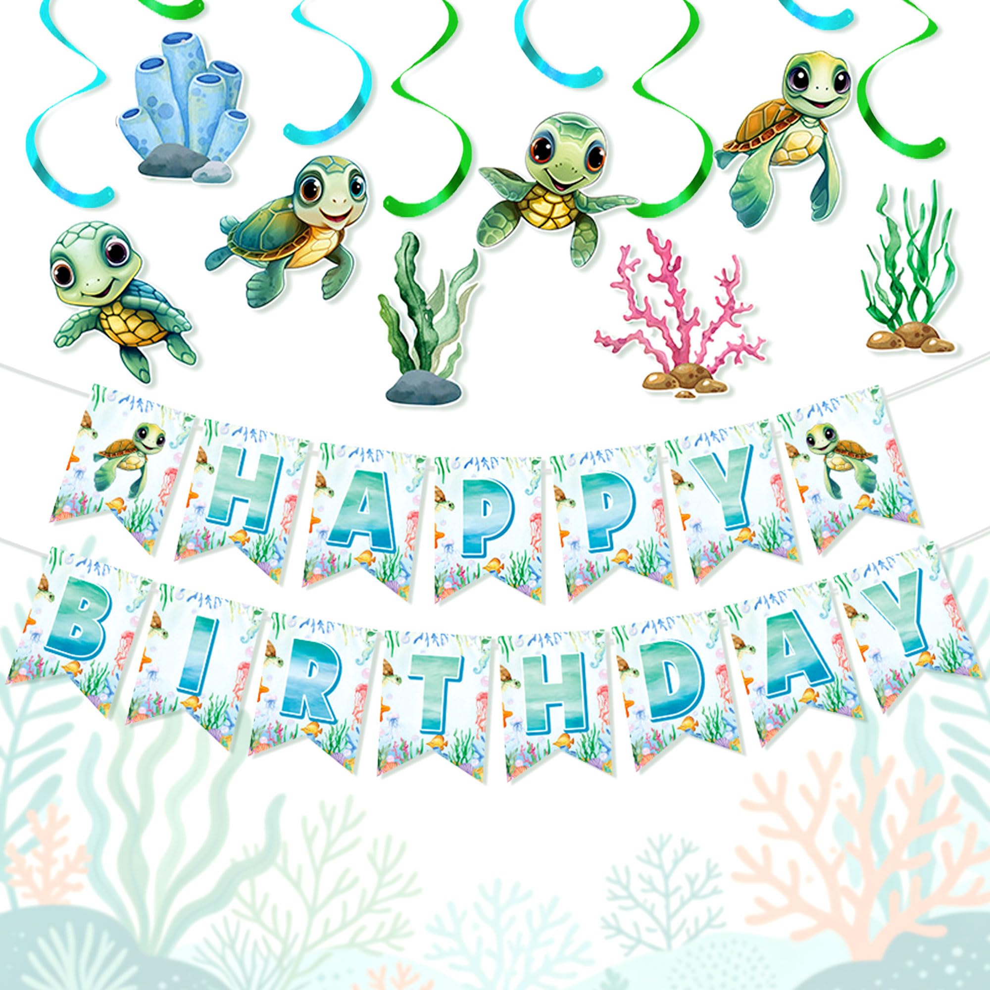 Sea Turtle Happy Birthday Banner Garland Ocean Animal Decoration Under the Sea Decor Beach Party Decoration Supplies
