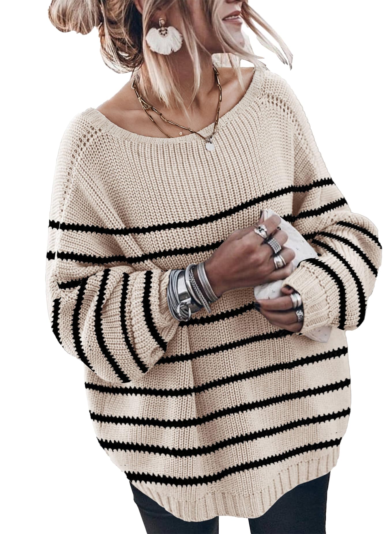 GUNEST Womens Oversized Sweaters Cotton Long Sleeve Loose Knit Jumper Tops