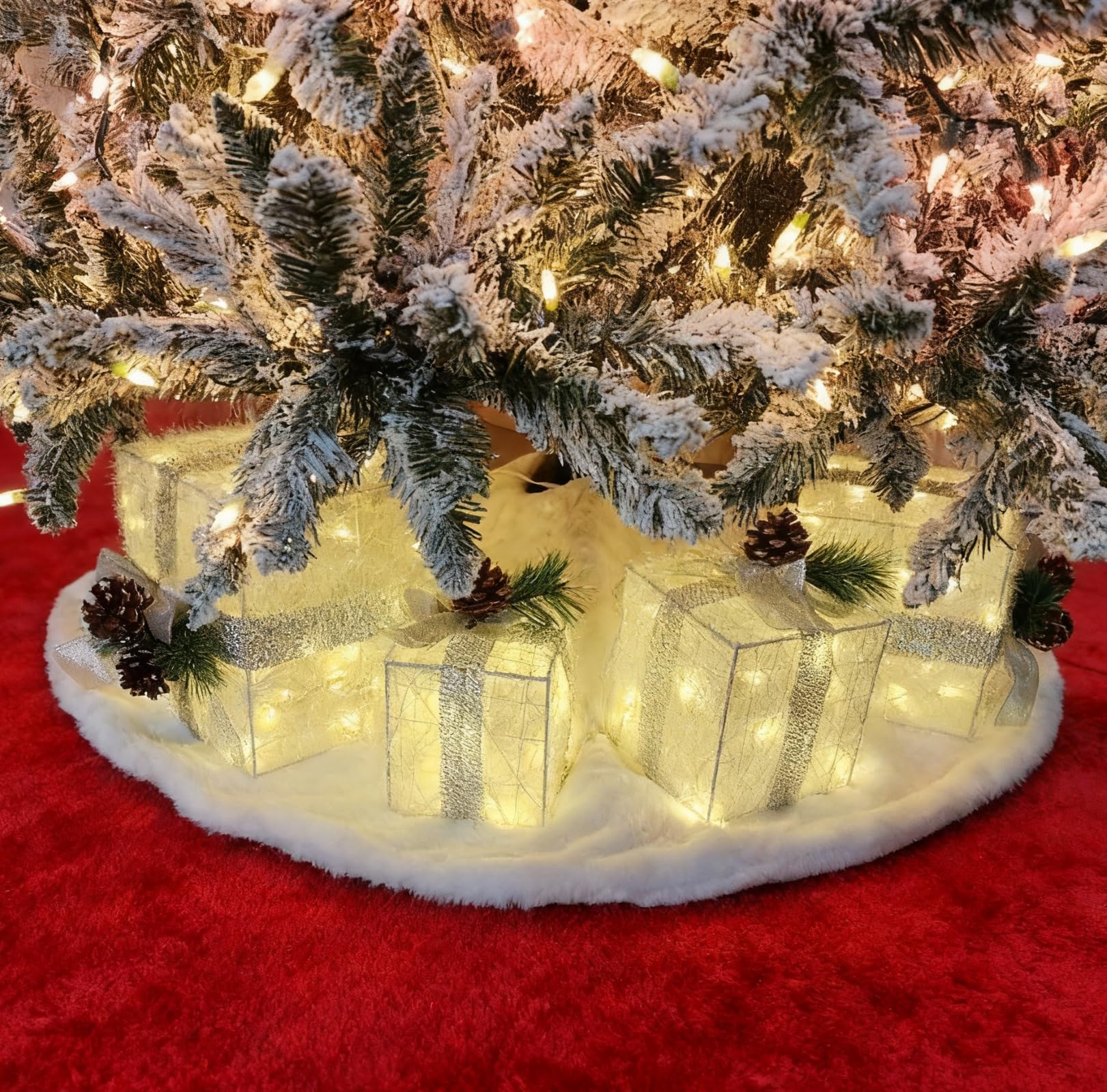 COVFEVER Set of 4  Christmas Lighted Gift Boxes, Pre-lit Light up Present Set with Different Sizes for Holiday Indoor Outdoor Decorations - Battery Operated (Pink): Warm White-2