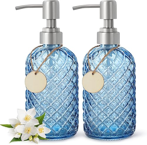 Miniatura 28 de Paquete de 2 dispensadores de jabón de vidrio con bomba de plástico negro, dispensador de jabón líquido de manos de 13 onzas, bomba a prueba de