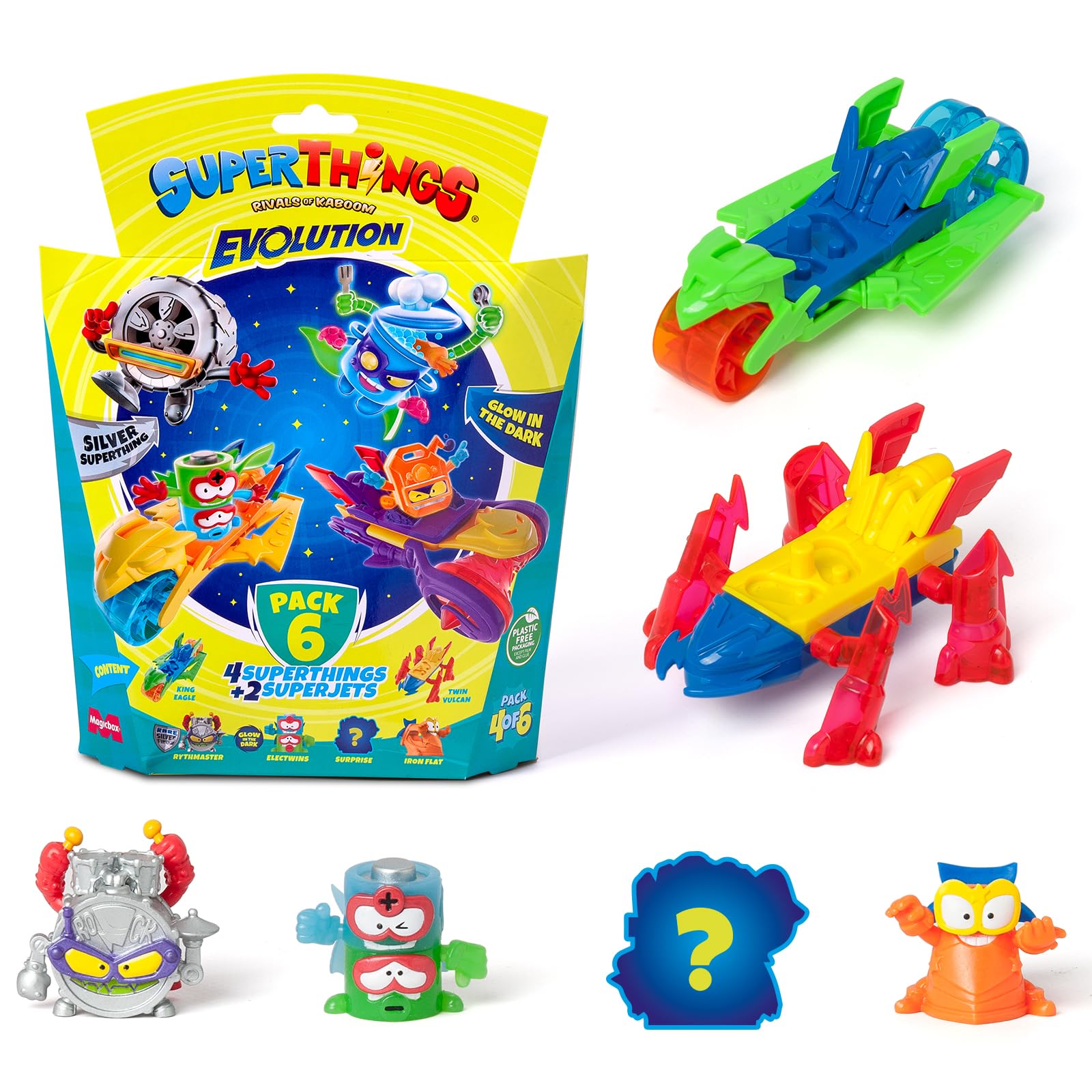 SUPERTHINGS Evolution series - Pack of 6. Includes 4 SuperThings (1 silver captain) and 2 Superjets Pack 4 of 6