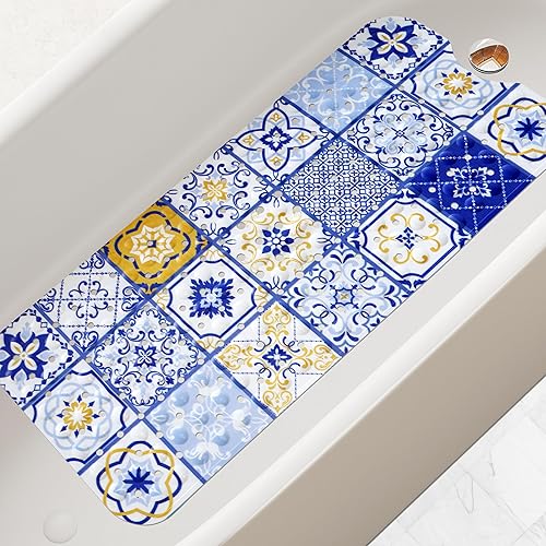 Tapete largo para bañera con orificios de drenaje y ventosas, tapete de ducha de agarre fuerte para baño, 40 x 16 pulgadas
