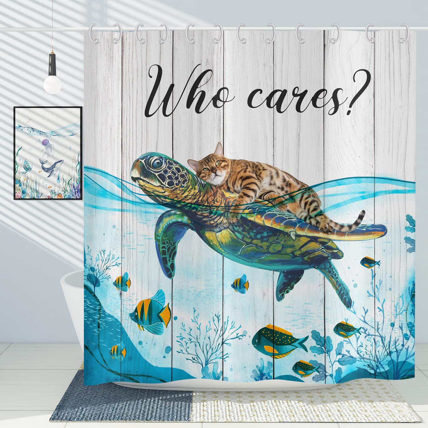 ASDCXZ Funny Cat Shower Curtain 120x180 cm, Sadness Cat Sea Turtle Child Washable Waterproof Polyester Textile for Bathtub With 12 Hooks โ image 1