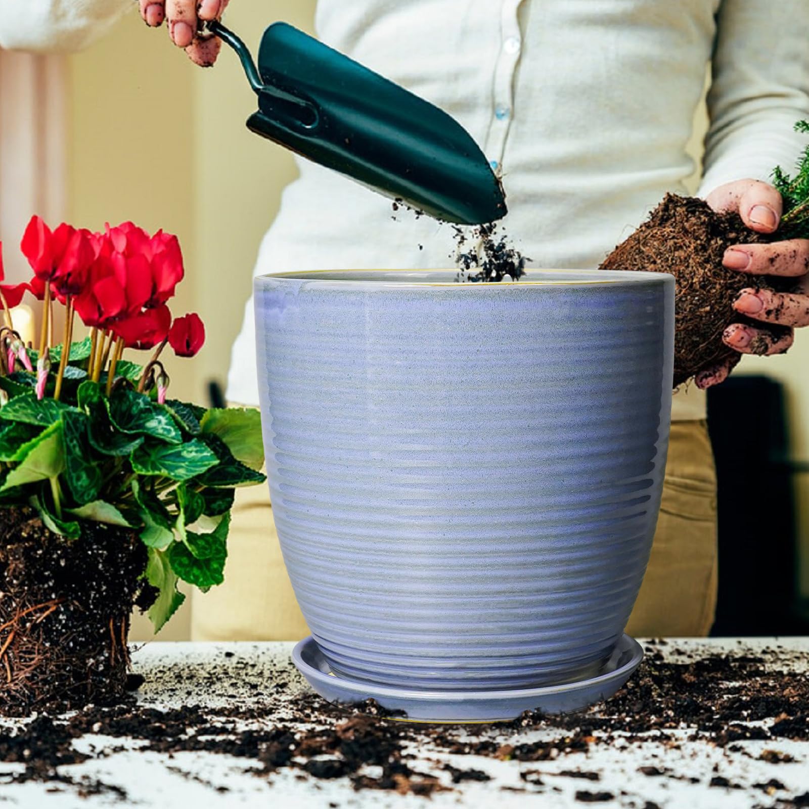 Amazon.com : EPFamily Ceramic Planter - Modern Round 12 Inch Pots for  Plants with Drainage Hole and Plant Saucer for Flower Indoor, Garden Room  Home Office House Decor, House Warming Gifts, Blue-Purple :