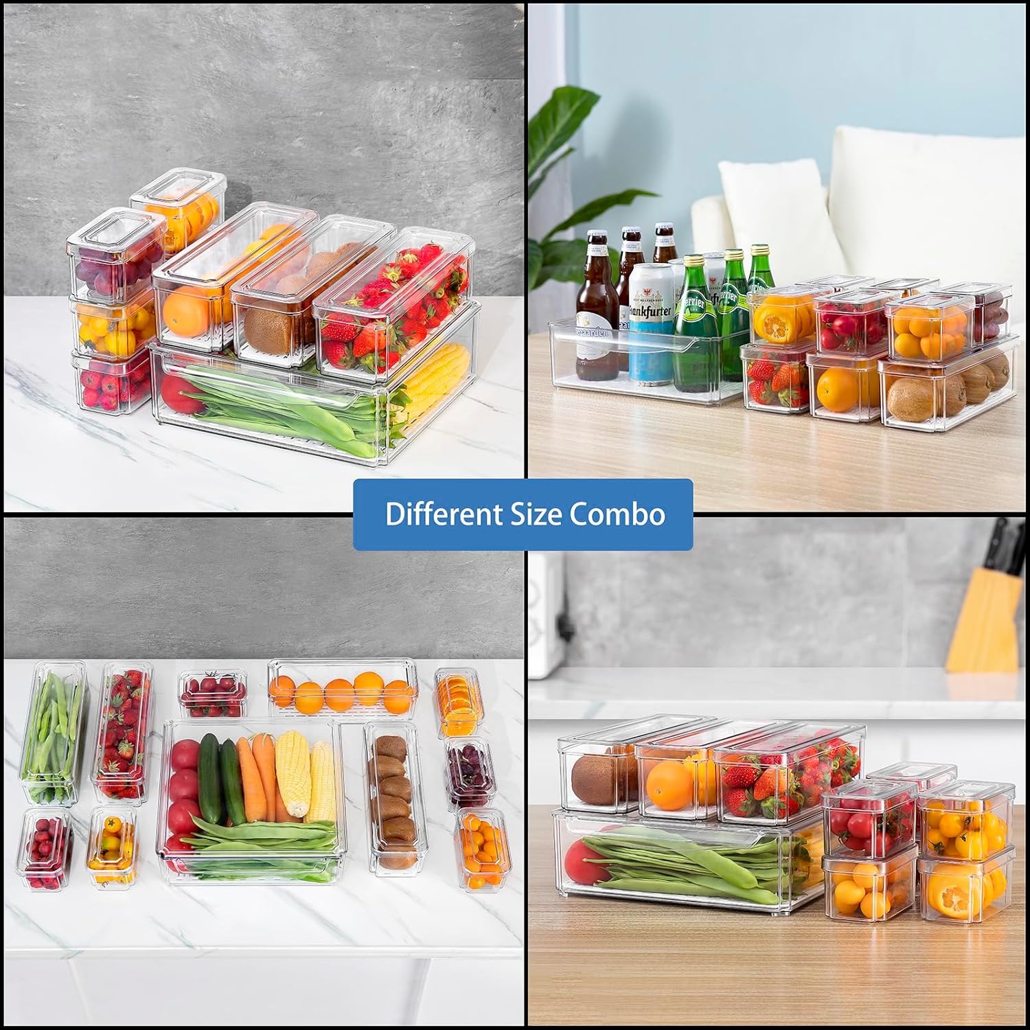 [10 Pack] Feshory Clear Stackable Fridge Organiser Bins with Lids & Drain Tray, Large Size Plastic Food Storage Containers for Fruit & Vegetable Storage, Kitchen Storage & Organisation