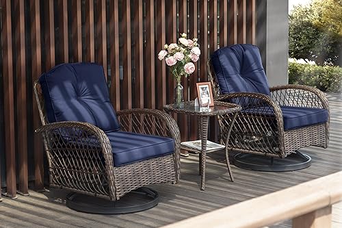 SHA CERLIN Juego de muebles de patio de 3 piezas, balancín giratorio para exteriores, juego de mimbre para patio bistró con mecedora, cojines y mesa