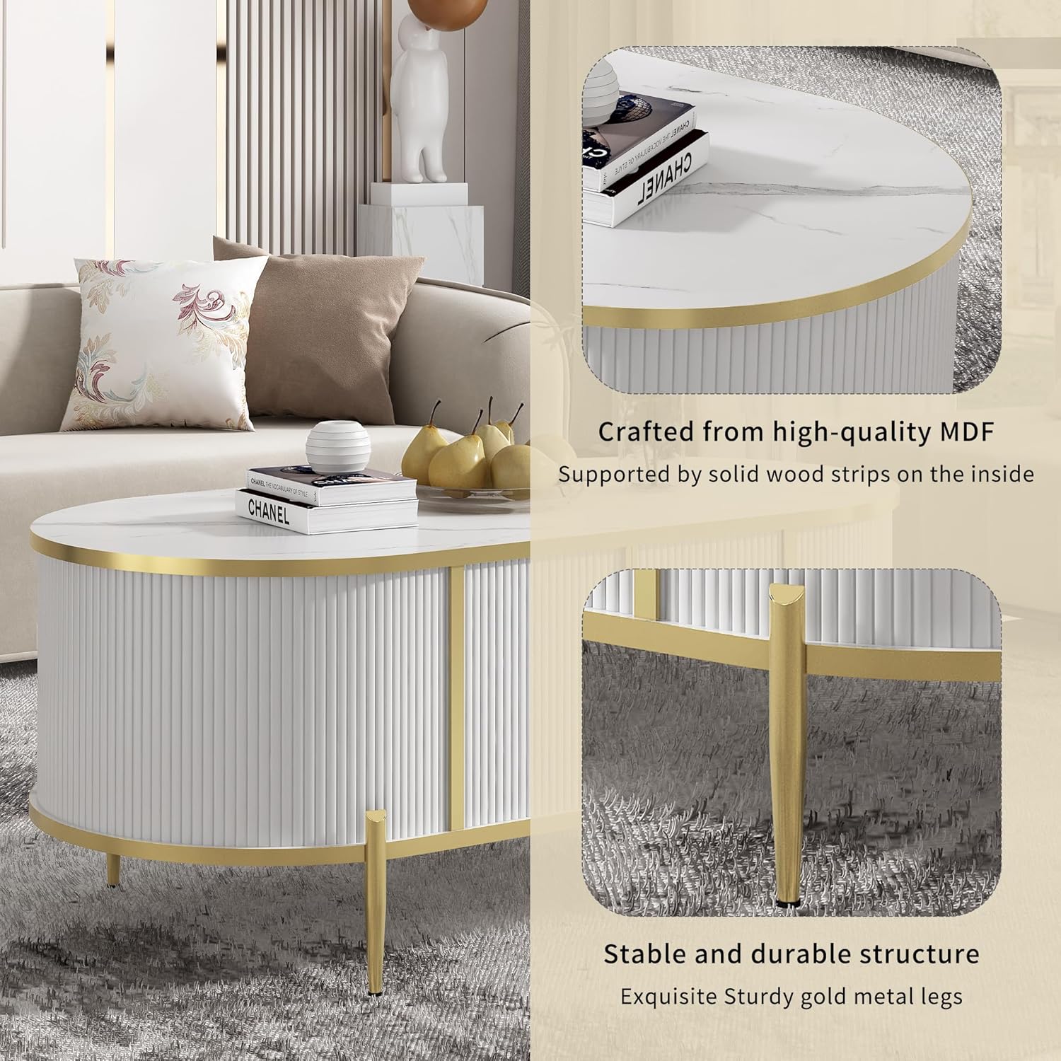White Pedestal Oval Coffee Table Marble-Patterned Top, Modern Drum Flutted Center Table with 2 Cabinets, Metal Legs and Handles for Living Room Apartment, Easy Assembly White 47.25x23.8x19.2