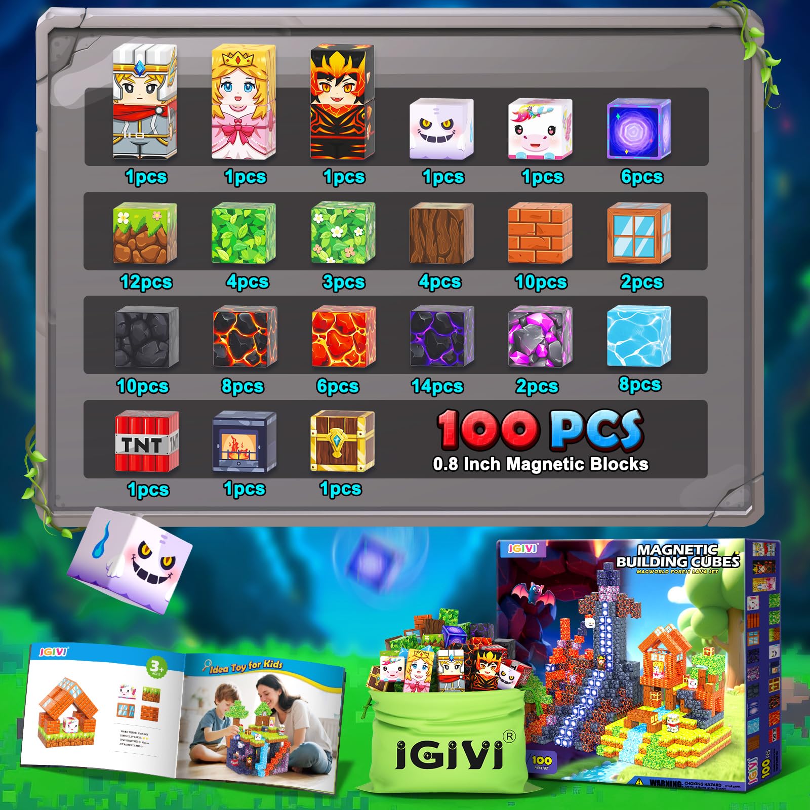 Bloques magnéticos: Build Mine 3D Magworld Forest Lava Set, bloques de construcción magnéticos STEM para niños de 4 a 6 años, 6 a 8 y 8 a 12 años, juguetes sensoriales educativos para niños pequeños 5