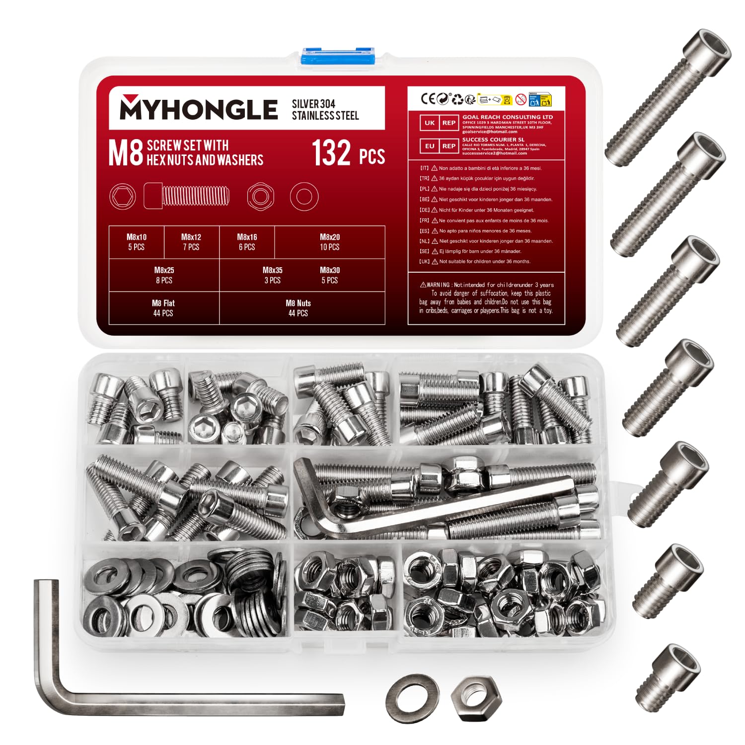 132 Pcs M8 Nuts and Bolts Set, Hex Socket Head Cap Screws Bolts and Nuts Set, Assorted Bolt and Nut Set including Washers