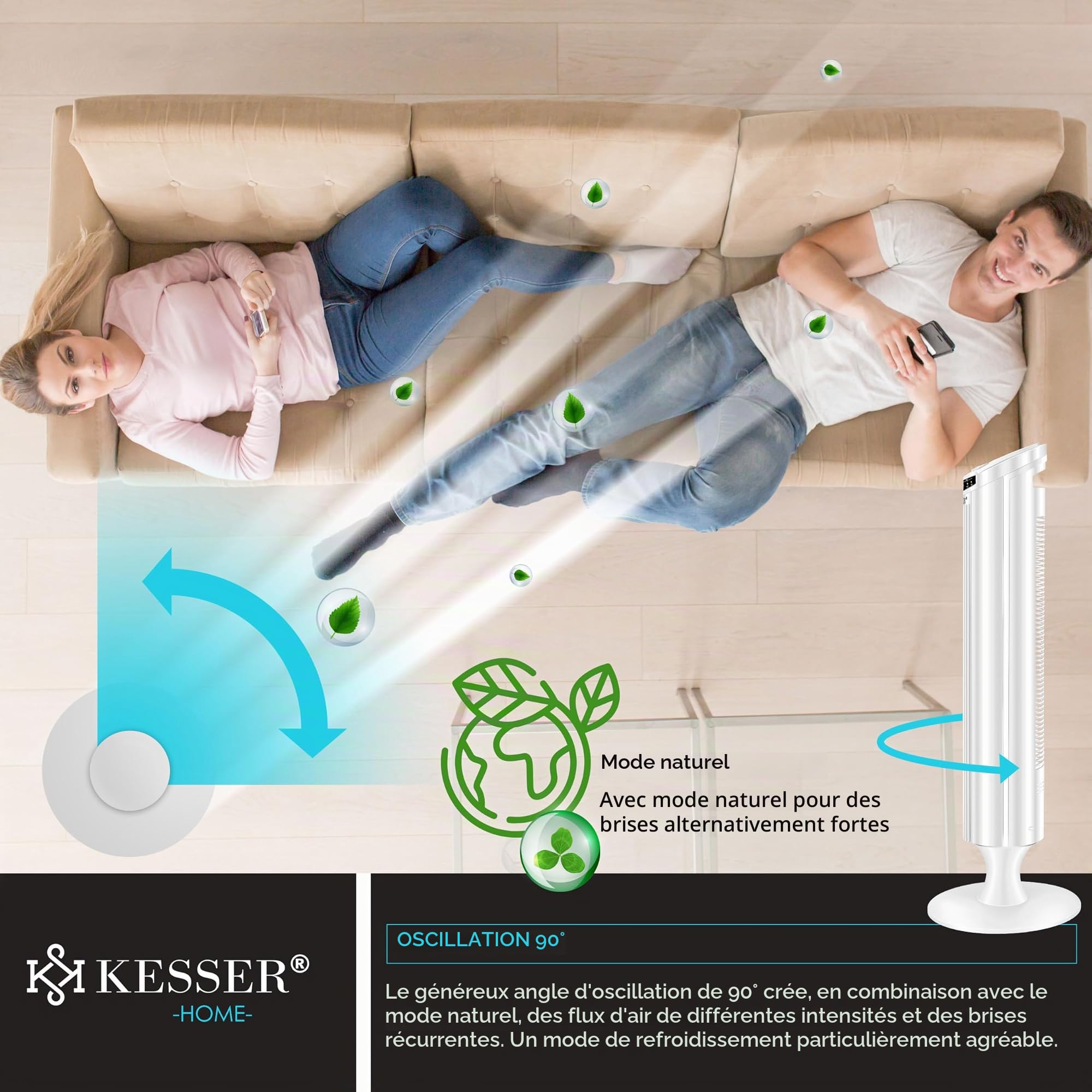 KESSER Ventilateur tour avec télécommande - ventilateur à colonne avec écran LED - ventilateur sur pied - climatiseur